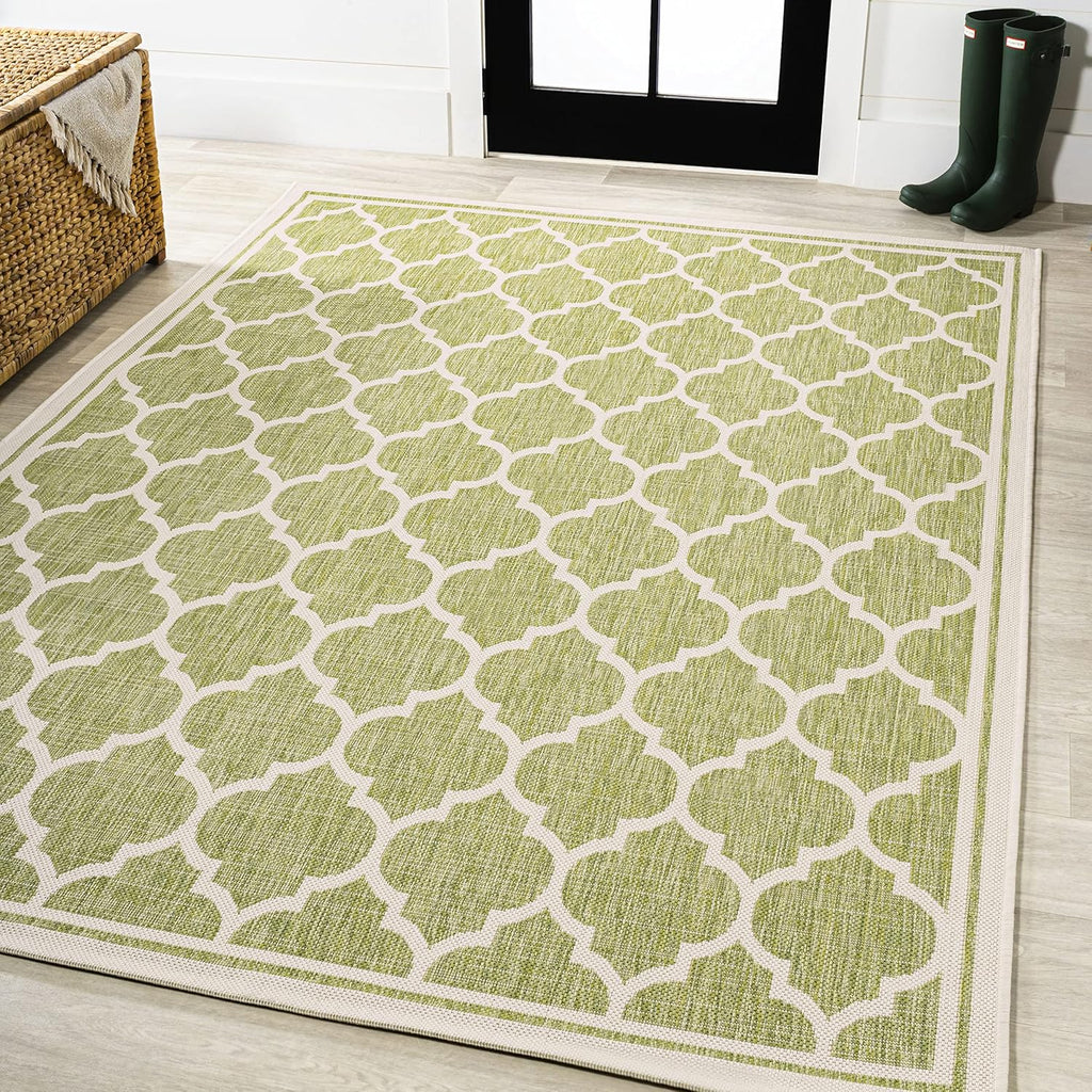 Eyely BMS109G-4 Santa Monica Trebol Moroccan Trellis Textured Weave Indoor/Outdoor Area Rug Coastal;Bohemian, Bedroom, Backyard, Patio, Easy-Cleaning, Non-Shedding, 4 X 6, Green/Cream