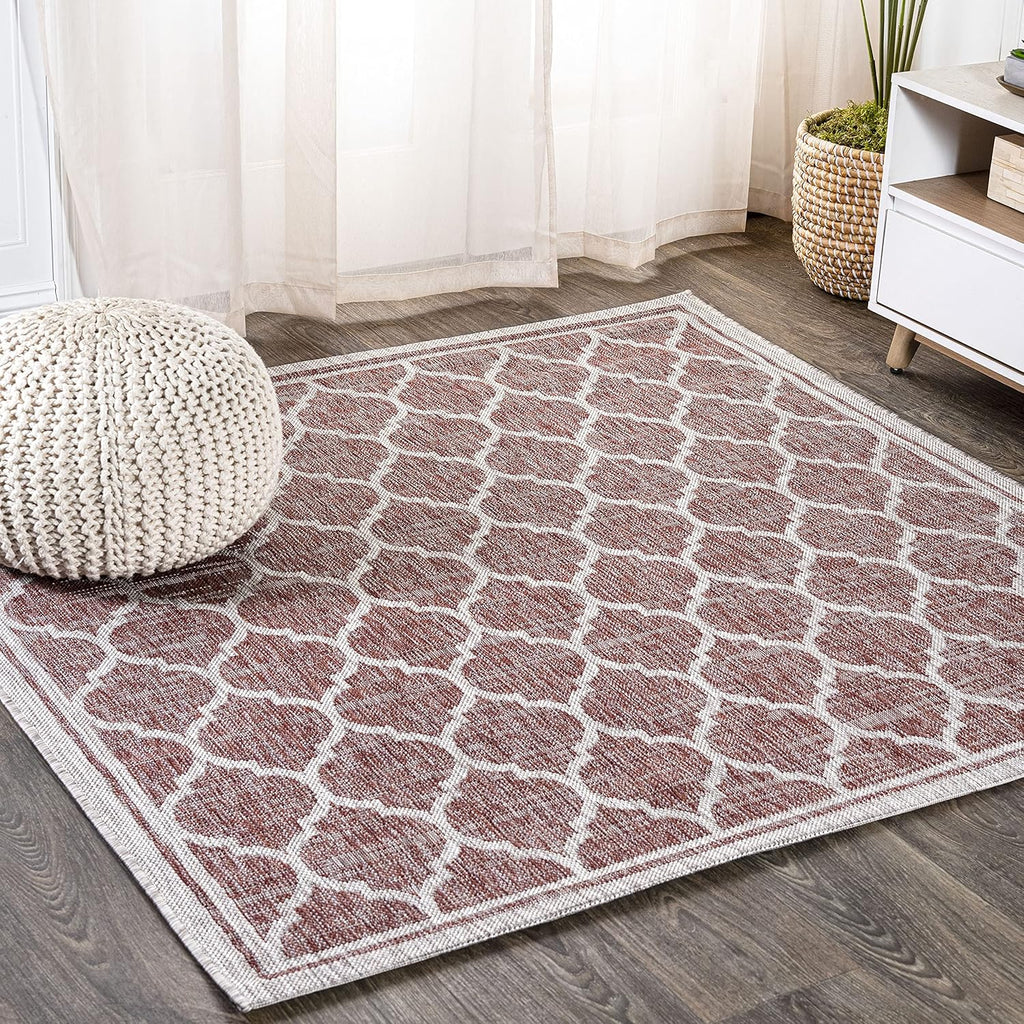 Eyely BMS109C-4SQ Santa Monica Trebol Moroccan Trellis Textured Weave, Pet Friendly, Non-Shedding, Stain Resistant, Easy-Cleaning, Red/Beige, 4' Square, Indoor/Outdoor, Area Rug
