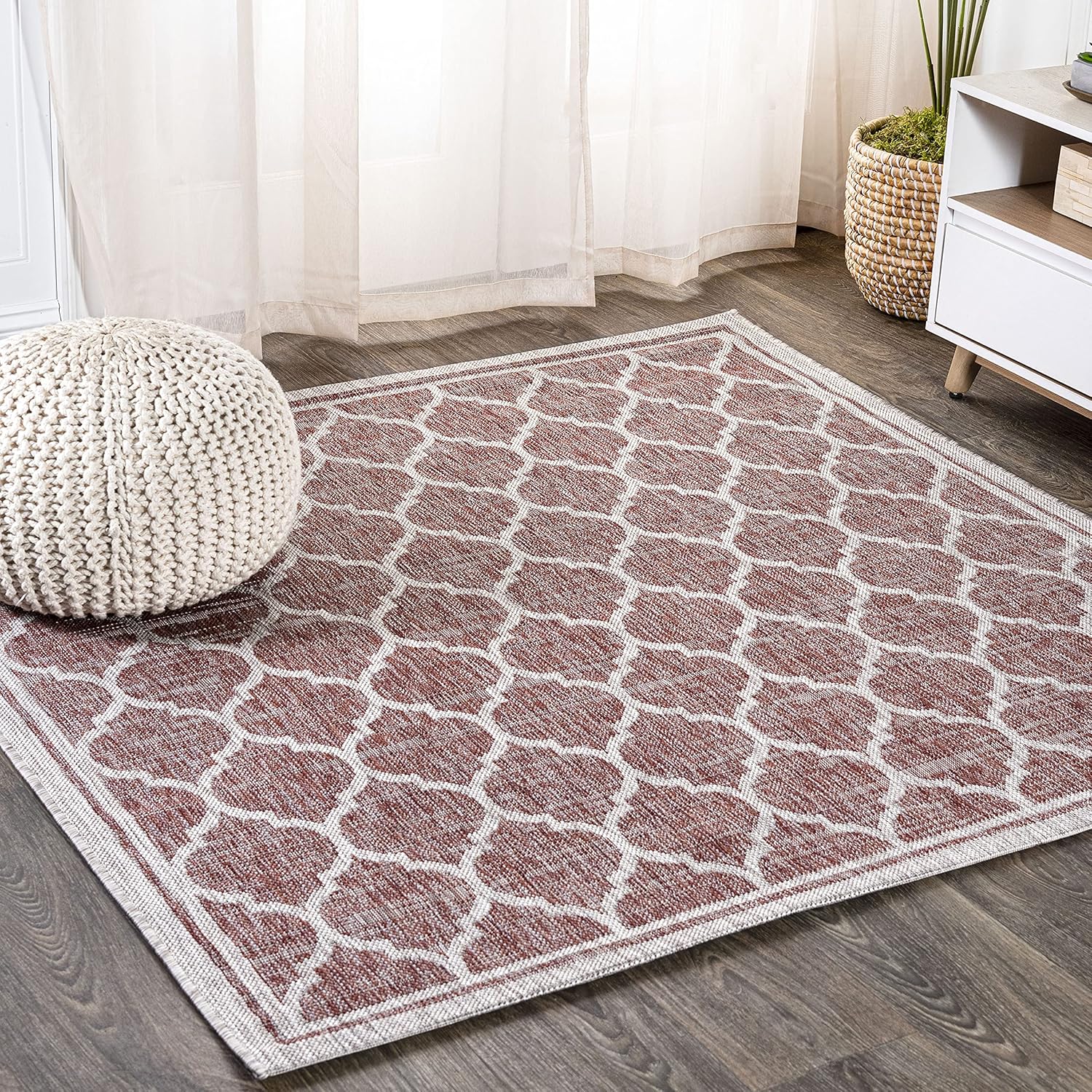 Eyely BMS109C-4SQ Santa Monica Trebol Moroccan Trellis Textured Weave, Pet Friendly, Non-Shedding, Stain Resistant, Easy-Cleaning, Red/Beige, 4' Square, Indoor/Outdoor, Area Rug