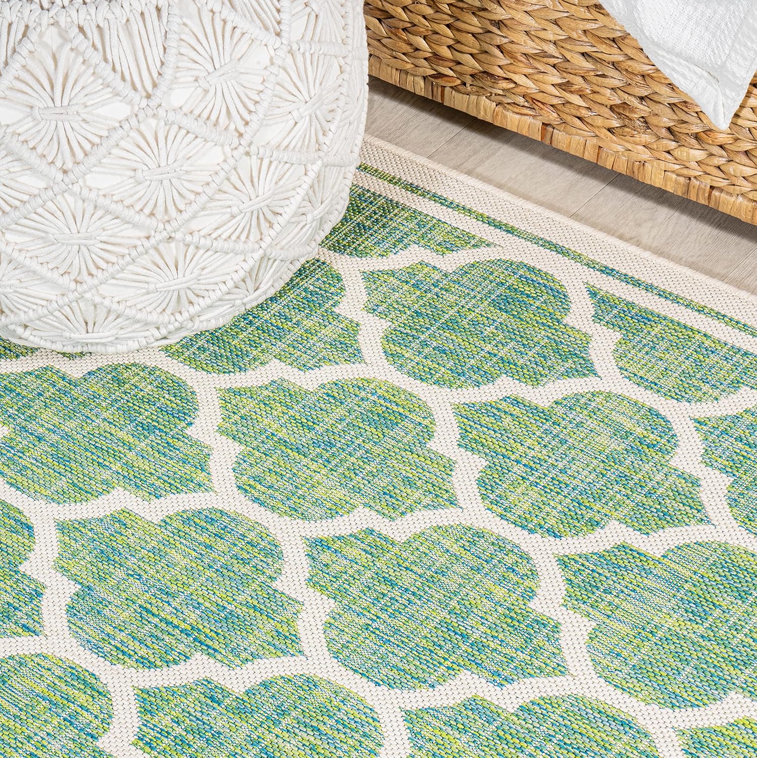 Eyely BMS109I-28 Santa Monica Trebol Moroccan Trellis Textured Weave Indoor/Outdoor Runner Rug Coastal;Bohemian, Bedroom, Backyard, Patio, Easy-Cleaning, Non-Shedding, 2 X 8, Cream/Green