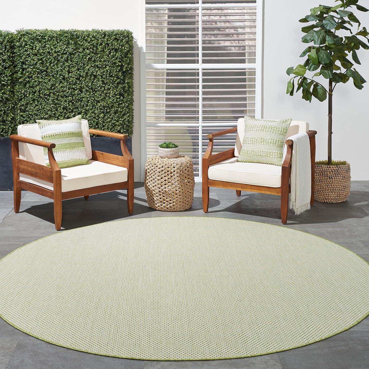 Nourison Home Courtyard Indoor/Outdoor Ivory Green 6' x Round Area Rug, Easy Cleaning, Non Shedding, Bed Room, Living Room, Dining Room, Backyard, Deck, Patio (6 Round)