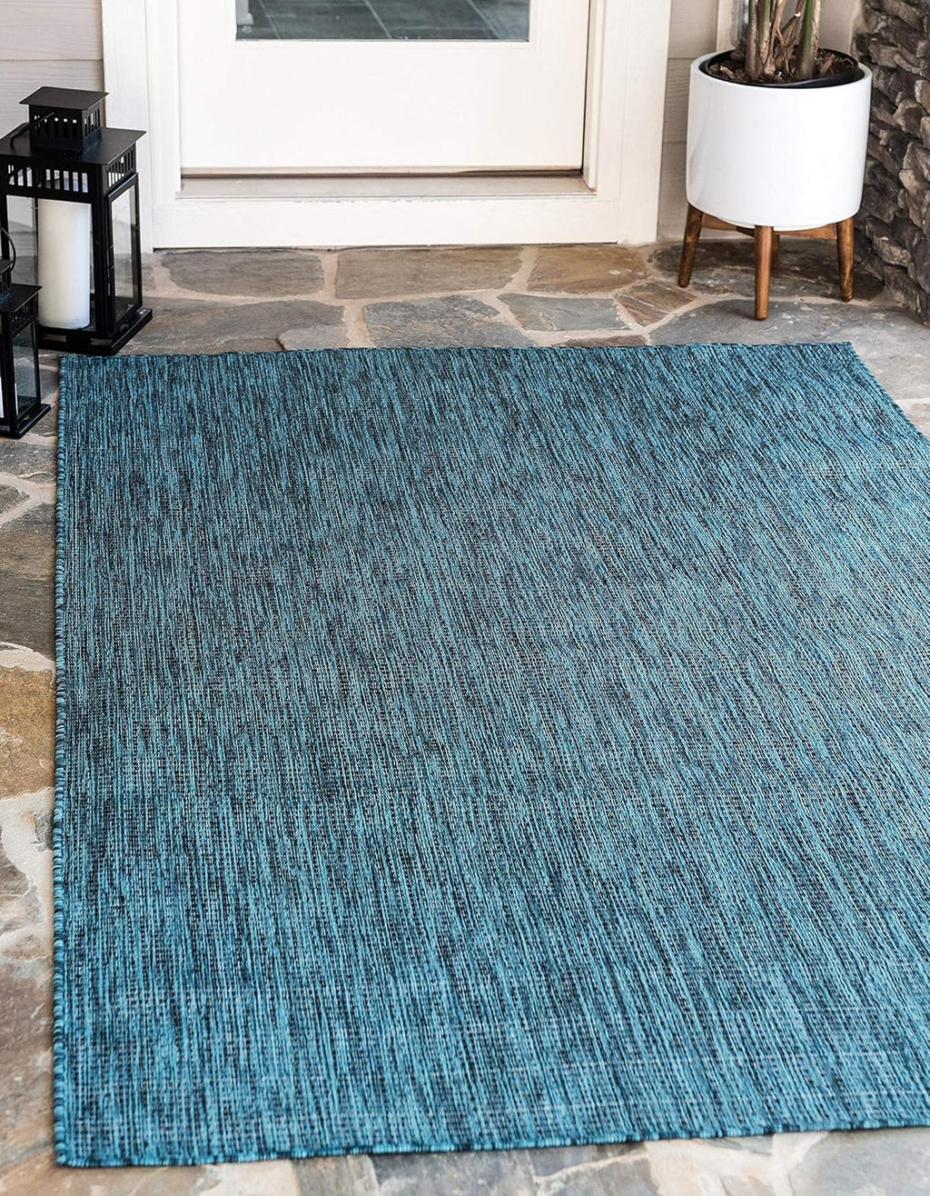 Unique Loom Collection Casual Transitional Solid Heathered Indoor/Outdoor Flatweave Area Rug (7' 1" x 10' Rectangle, Teal/Navy Blue)