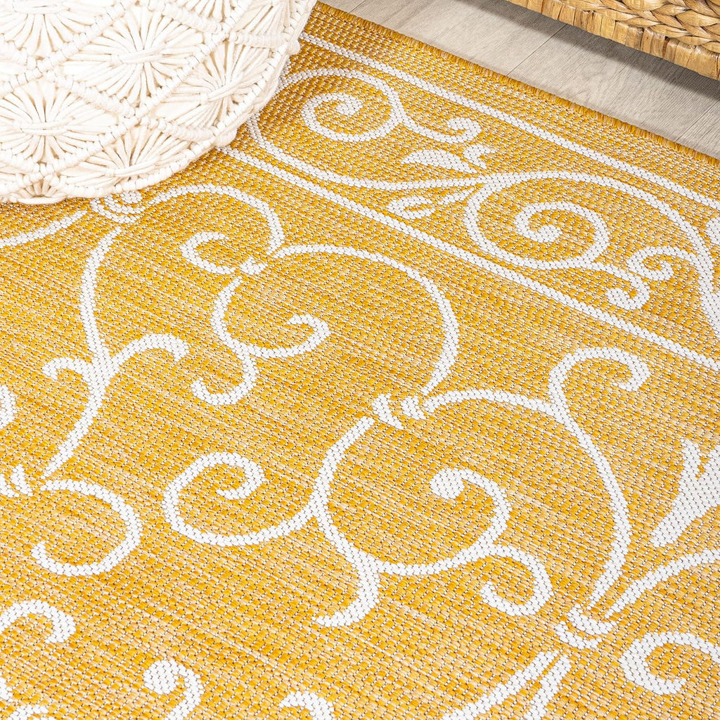 JONATHAN Y SMB106L-210 Charleston Vintage Filigree Textured Weave Indoor Outdoor Runner Rug, Classic,Traditional,Transitional Easy Clean,Bedroom,Kitchen,Backyard,Patio, Non-Shed, Yellow/Cream, 2 X 10