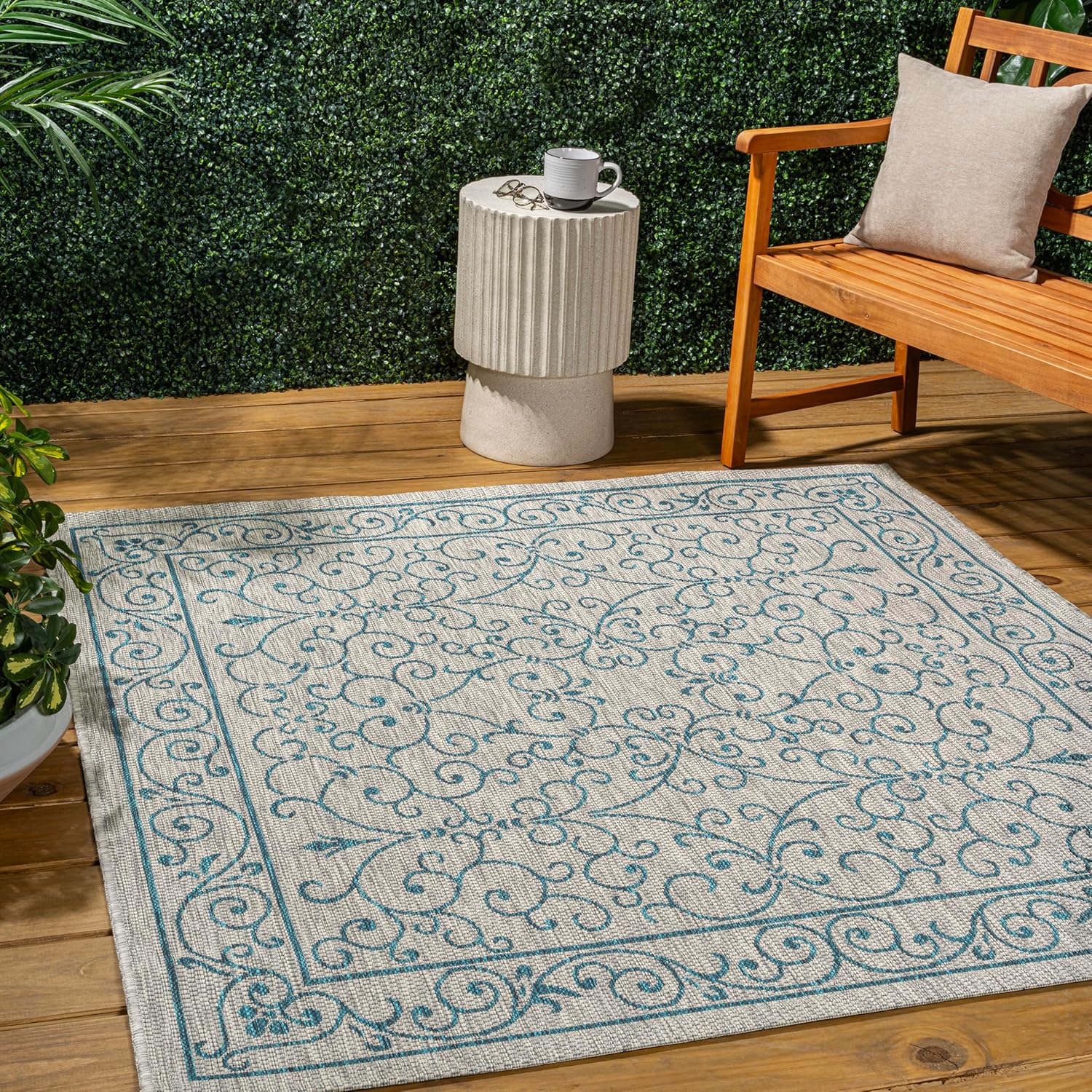 JONATHAN Y SMB106E-8SQ Charleston Vintage Filigree Textured Weave Gray/Teal 8' Square Indoor/Outdoor Area Rug, Pet Friendly, Non-Shedding, Stain Resistant, Easy-Cleaning for Backyard, Patio, Porch