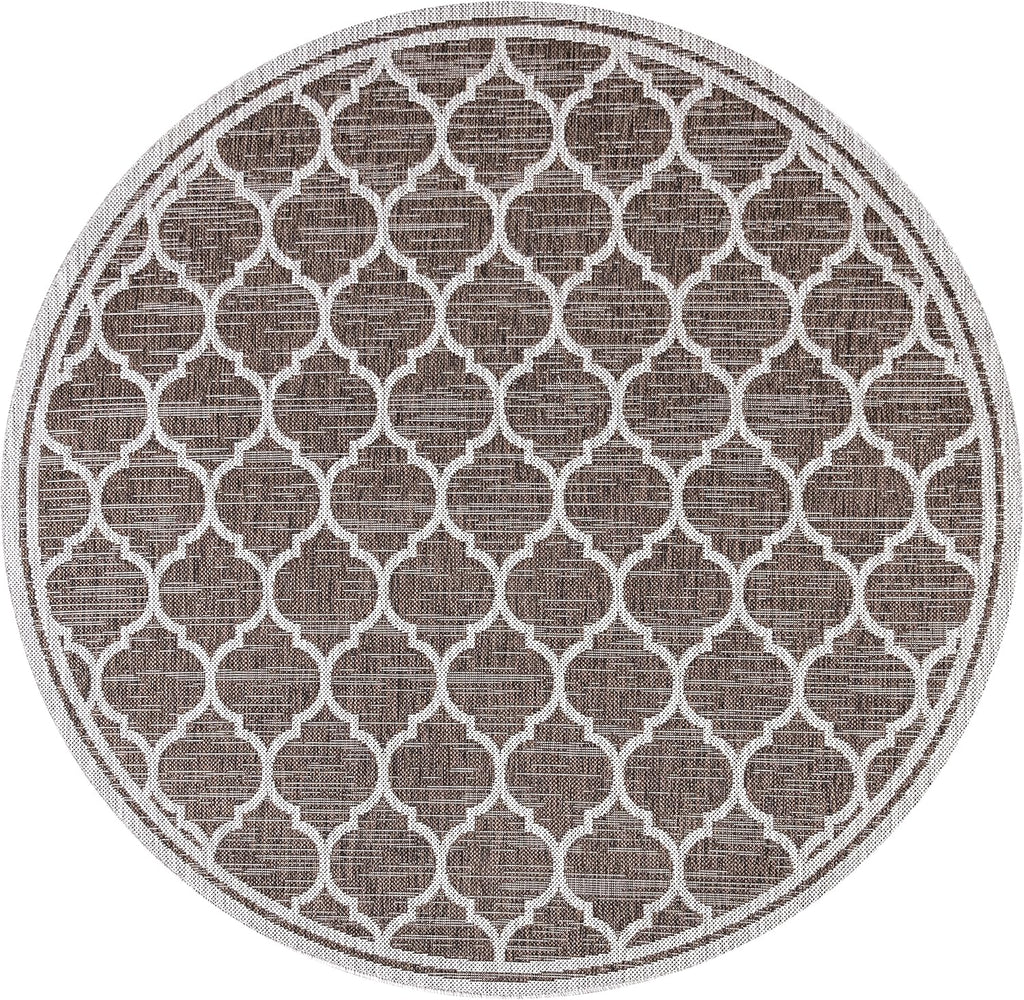 Eyely BMS109B-5R Santa Monica Trebol Moroccan Trellis Textured Weave Indoor/Outdoor Area Rug Coastal;Bohemian, Bedroom, Backyard, Patio, Easy-Cleaning, Non-Shedding, 5' Round, Espresso/Taupe