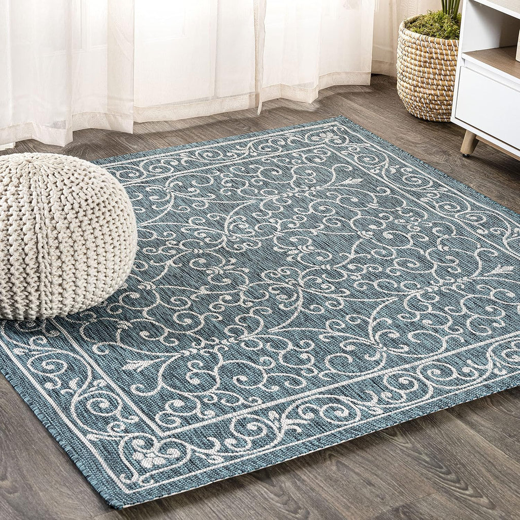 JONATHAN Y SMB106F-6SQ Charleston Vintage Filigree Textured Weave Teal/Gray 6' Square Indoor/Outdoor Area Rug, Pet Friendly, Non-Shedding, Stain Resistant, Easy-Cleaning for Backyard, Patio, Porch