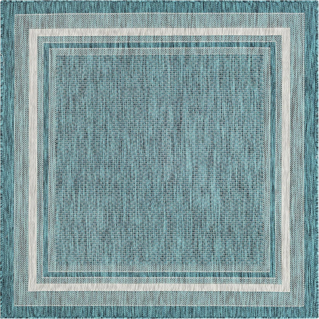 Unique Loom Outdoor Border Collection Area Rug - Soft Border (5' 1" Square, Teal/ Ivory)