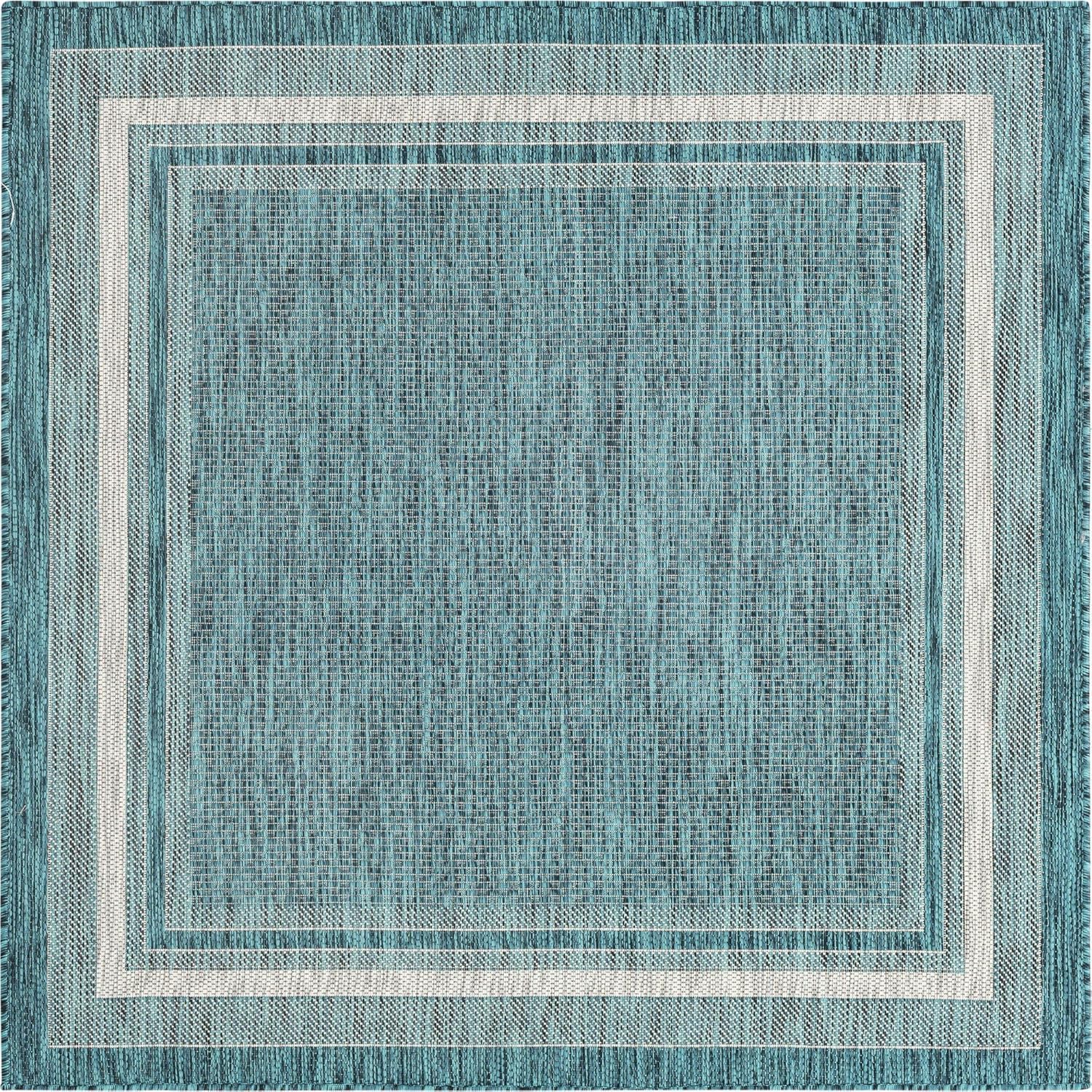 Unique Loom Outdoor Border Collection Area Rug - Soft Border (5' 1" Square, Teal/ Ivory)