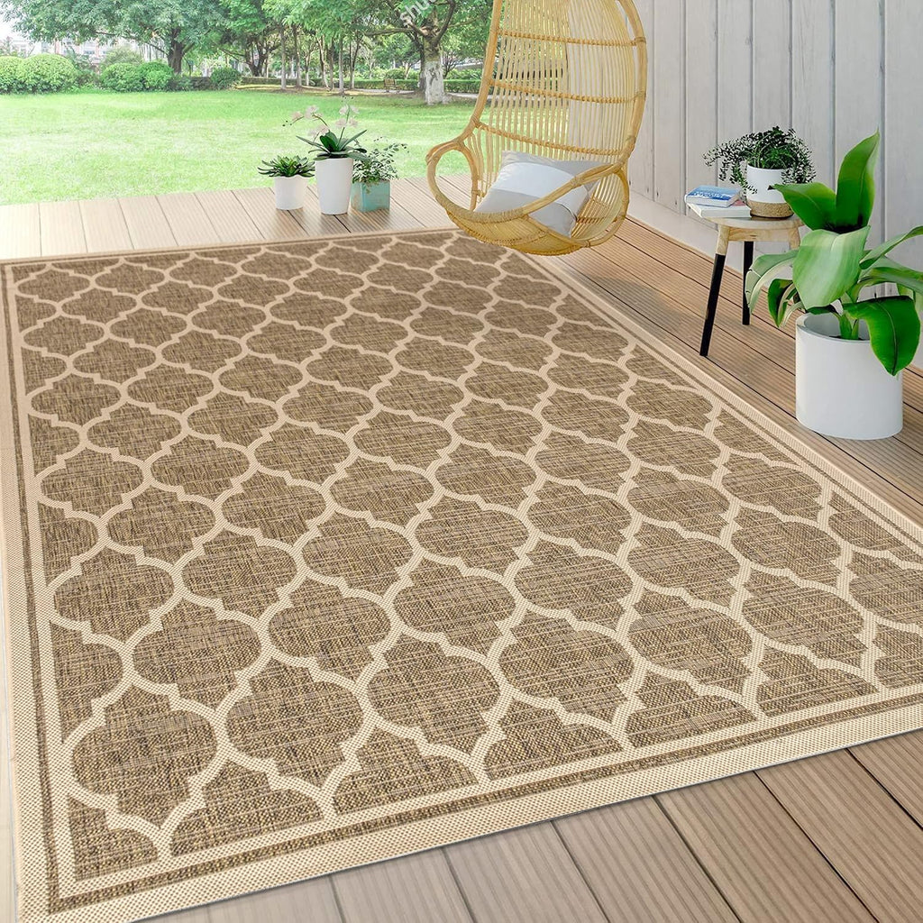 Eyely BMS109A-4 Santa Monica Trebol Moroccan Trellis Textured Weave Indoor/Outdoor Area Rug Coastal;Bohemian, Bedroom, Backyard, Patio, Easy-Cleaning, Non-Shedding, 4 X 6, Brown/Beige