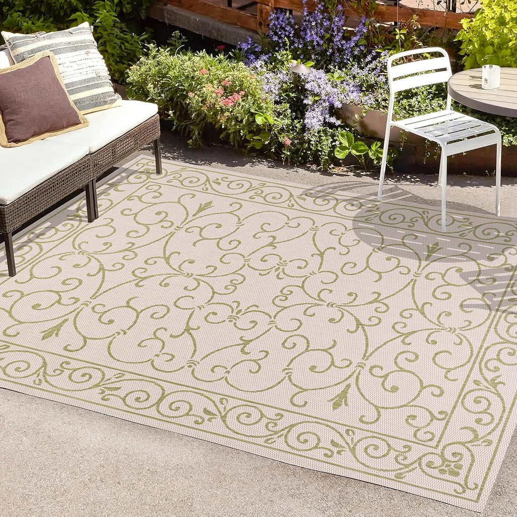 JONATHAN Y SMB106I-3 Charleston Vintage Filigree Textured Weave Indoor Outdoor Area Rug, Coastal,Traditional,Transitional Easy Clean,Bedroom,Kitchen,Backyard,Patio, Non-Shed, Cream/Green, 3 X 5