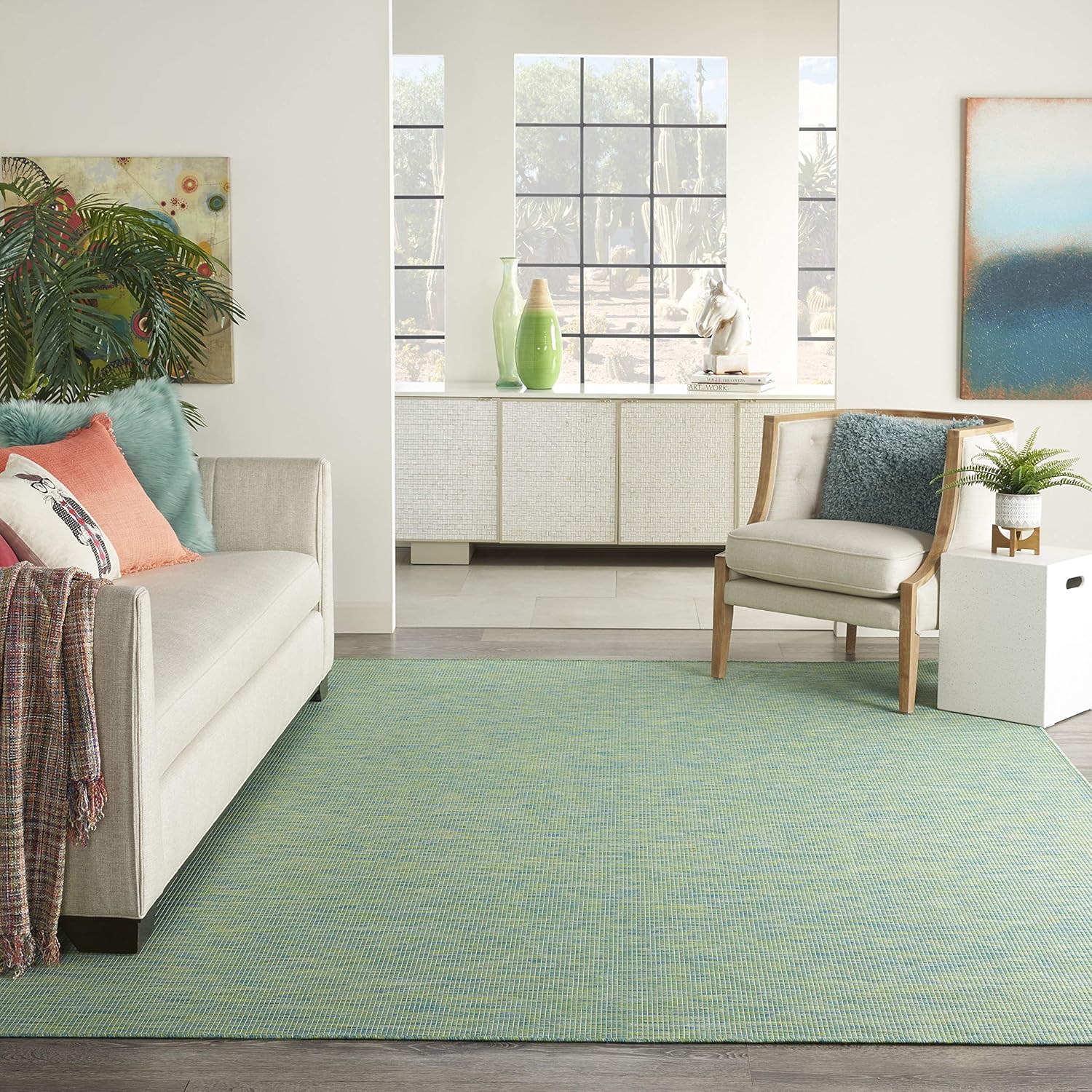 Nourison Positano Indoor/Outdoor Blue/Green 7' x 10' Area Rug, Easy Cleaning, Non Shedding, Bed Room, Living Room, Dining Room, Backyard, Deck, Patio (7x10)
