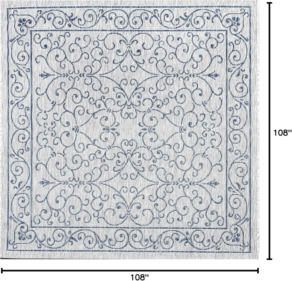JONATHAN Y SMB106C-9SQ Charleston Vintage Filigree Textured Weave Gray/Navy 9' Square Indoor/Outdoor Area Rug, Pet Friendly, Non-Shedding, Stain Resistant, Easy-Cleaning for Backyard, Patio, Porch