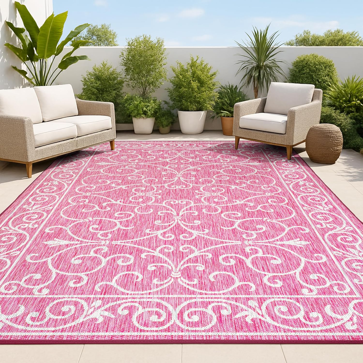 JONATHAN Y SMB106J-3 Charleston Vintage Filigree Textured Weave Indoor Outdoor Area Rug, Classic Traditional Easy-Cleaning,Bedroom,Kitchen,Backyard,Patio,Non Shedding, 3 X 5, Fuchsia/Light Gray
