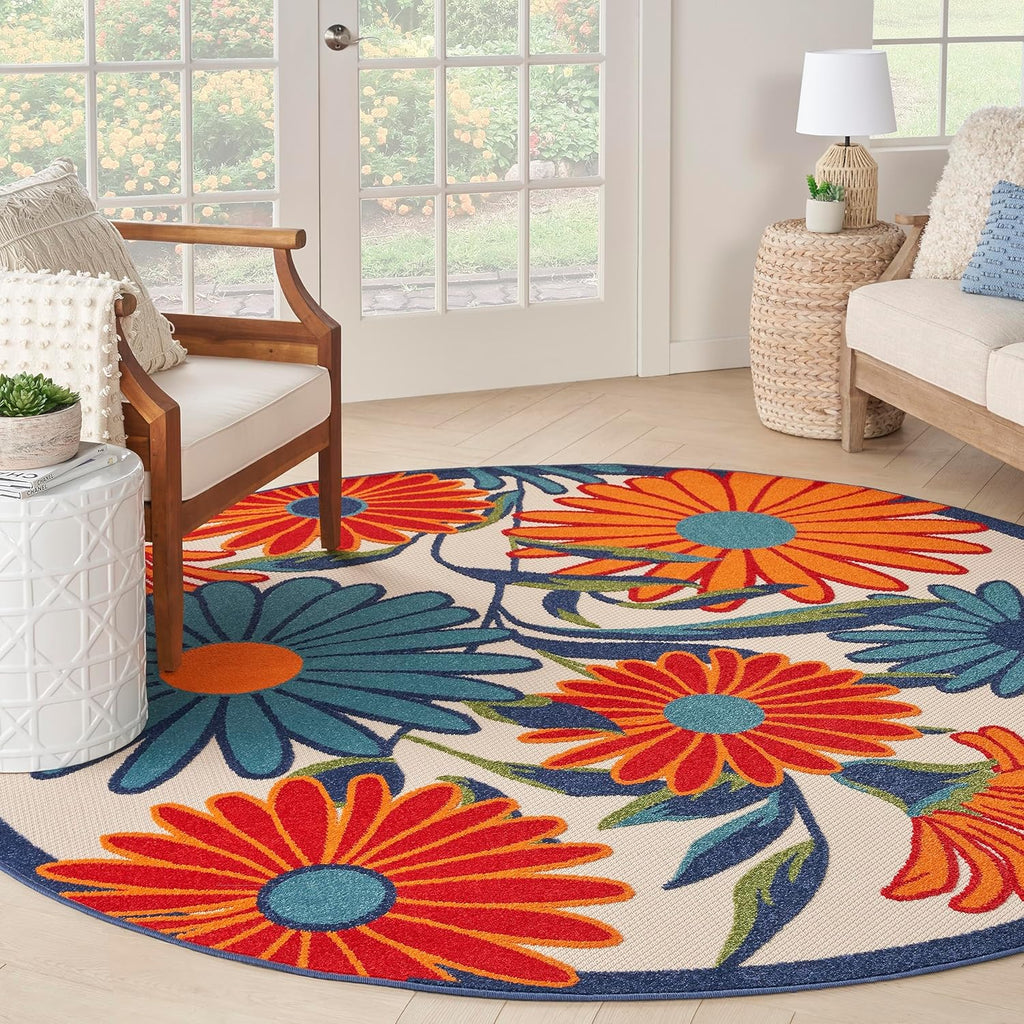 Nourison Home Aloha Outdoor Multicolor 5'3" x Round Area Rug, Easy Cleaning, Non Shedding, Bed Room, Living Room, Dining Room, Deck, Backyard, Patio (5 Round)