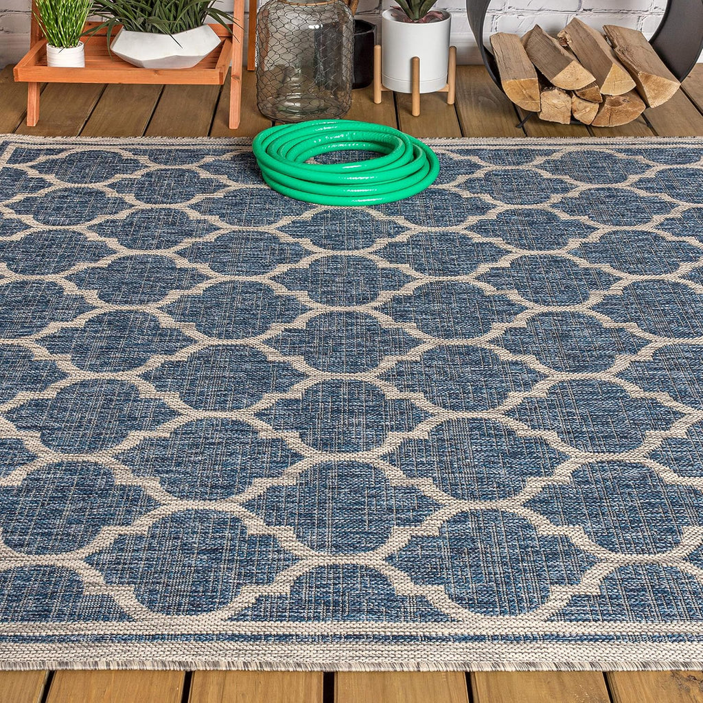 Eyely BMS109D-5 Santa Monica Trebol Moroccan Trellis Textured Weave Indoor/Outdoor Area Rug Coastal;Bohemian, Bedroom, Backyard, Patio, Easy-Cleaning, Non-Shedding, 5 X 8, Navy/Gray
