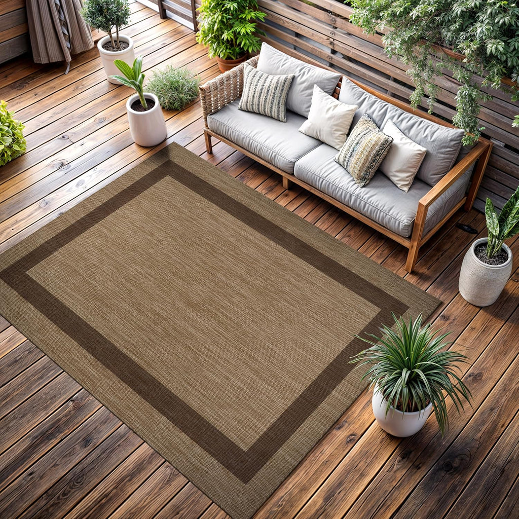 CAMILSON Outdoor Rug 10x14 - Large Modern Outside Rugs for Patios Porches Waterproof Durable Washable Non-Shedding, Easy-to-Clean Indoor Outdoor Area Carpet (10 x 14, Bordered - Jute)