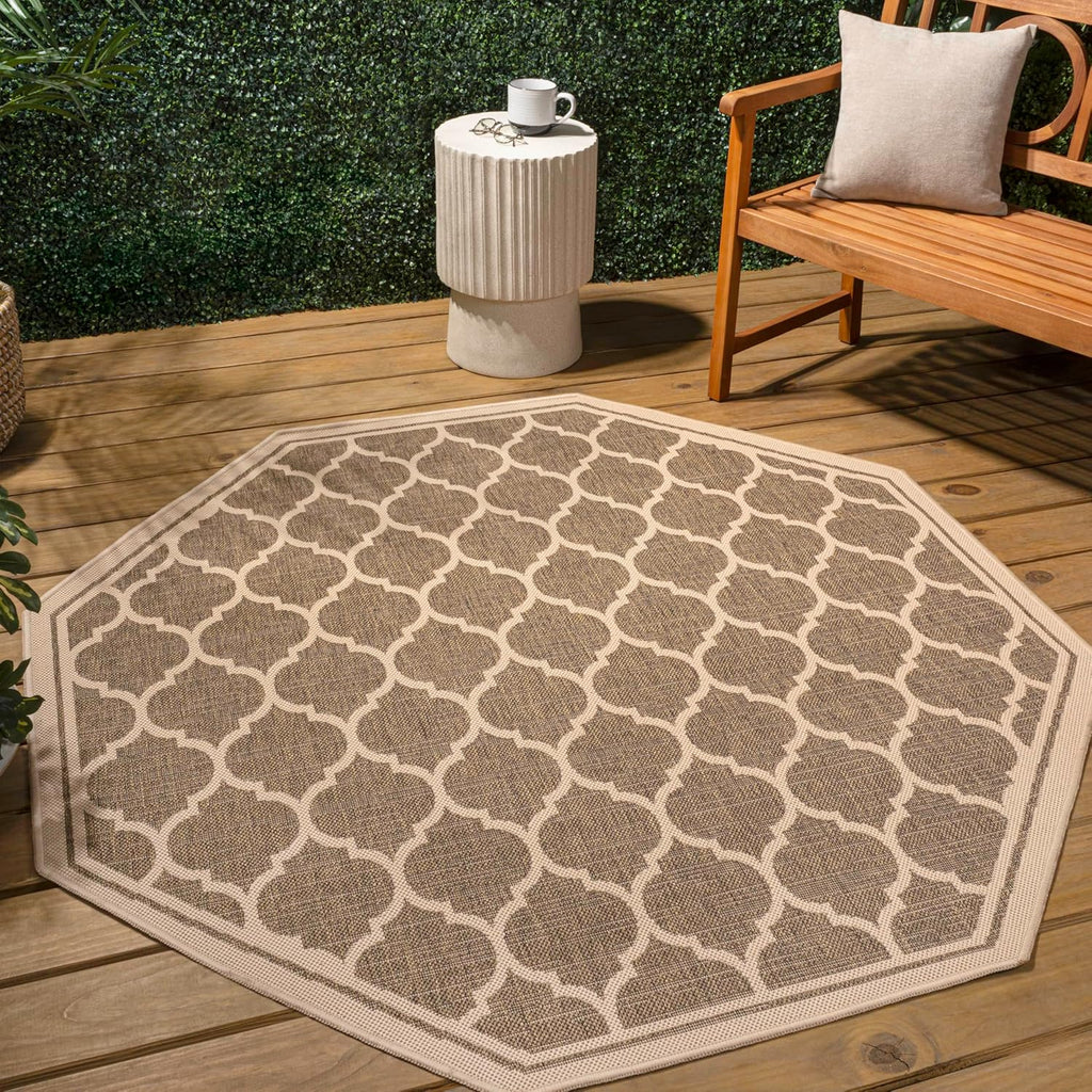 Eyely BMS109A-5TGN Trebol Moroccan Trellis Textured Weave Brown/Beige 5' Octagon Indoor/Outdoor Area Rug, Brown/Beige, 5' Octagon, Indoor/Outdoor, Area Rug