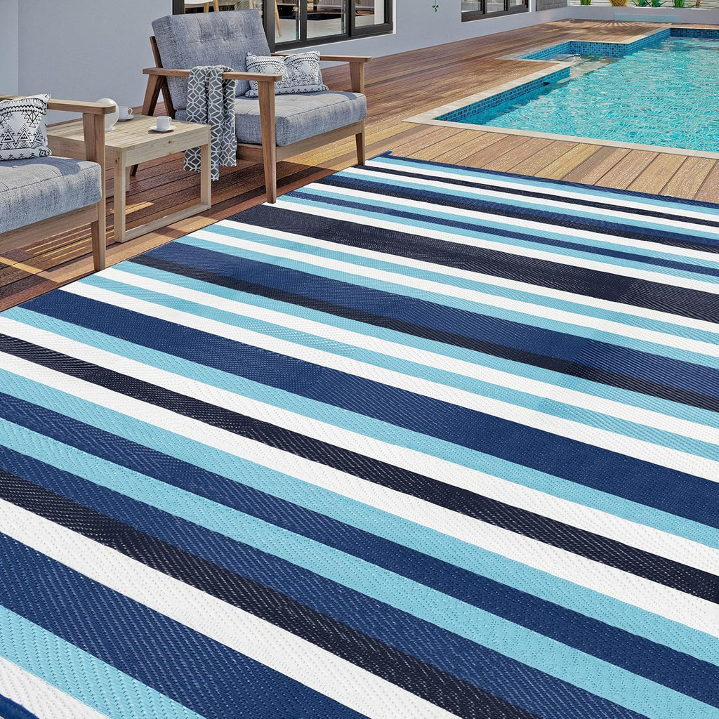 Outdoor Waterproof Rug 9'x12' Plastic Straw Rugs Washable Reversible Floor Mat Blue Stripe Carpet for Camping RV Deck Entryance Porch Picnic Balcony Beach Backyard