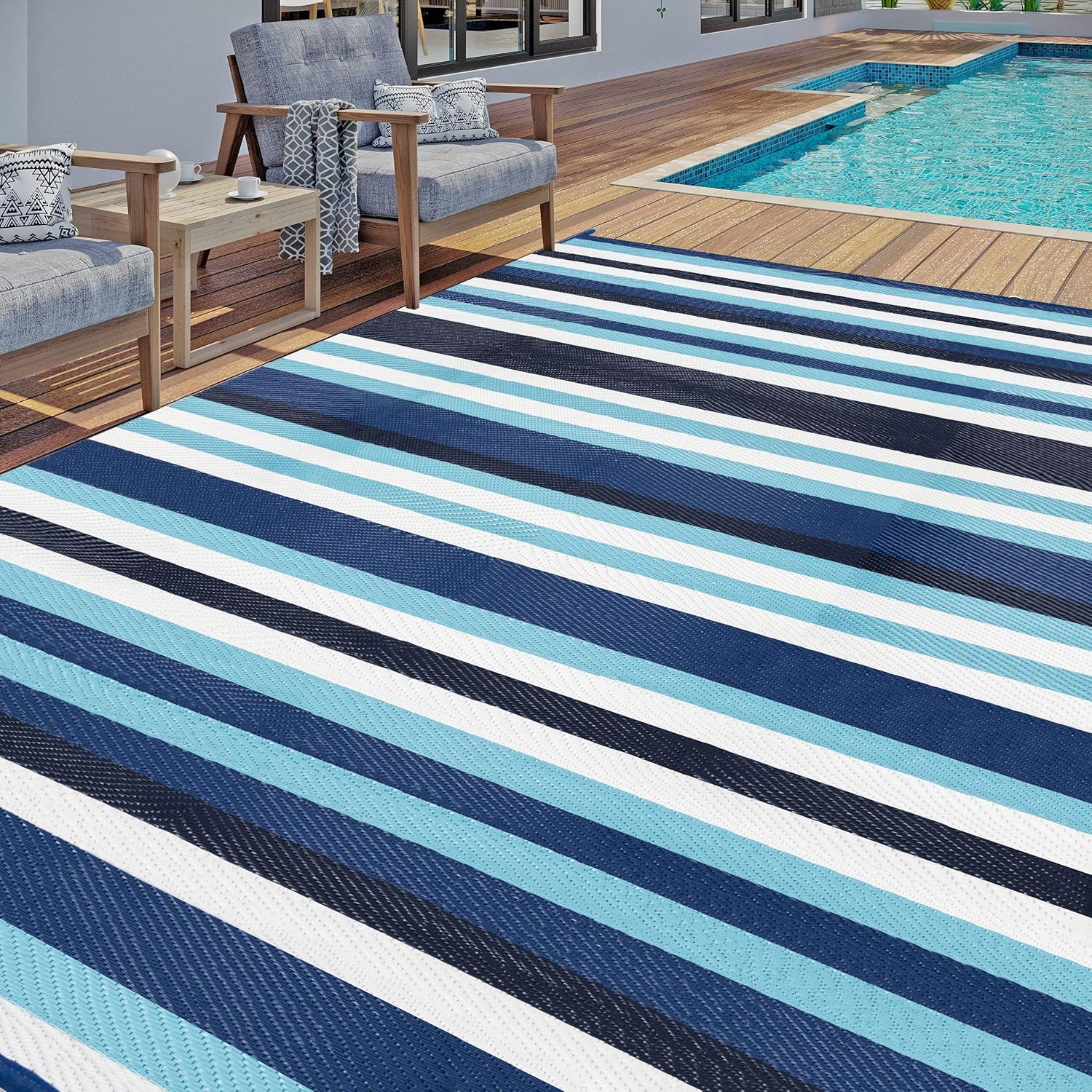 Outdoor Waterproof Rug 9'x12' Plastic Straw Rugs Washable Reversible Floor Mat Blue Stripe Carpet for Camping RV Deck Entryance Porch Picnic Balcony Beach Backyard