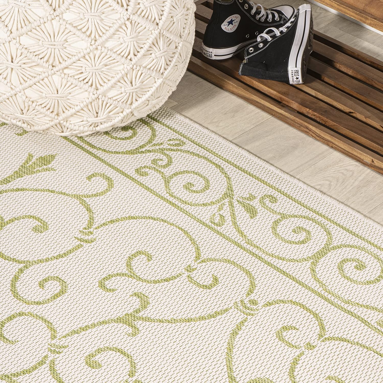 JONATHAN Y SMB106I-5R Charleston Vintage Filigree Textured Weave Indoor Outdoor Area Rug, Bohemian Coastal Traditional Easy Cleaning,Bedroom,Kitchen,Backyard,Patio,Non Shedding, 5' Round, Cream/Green