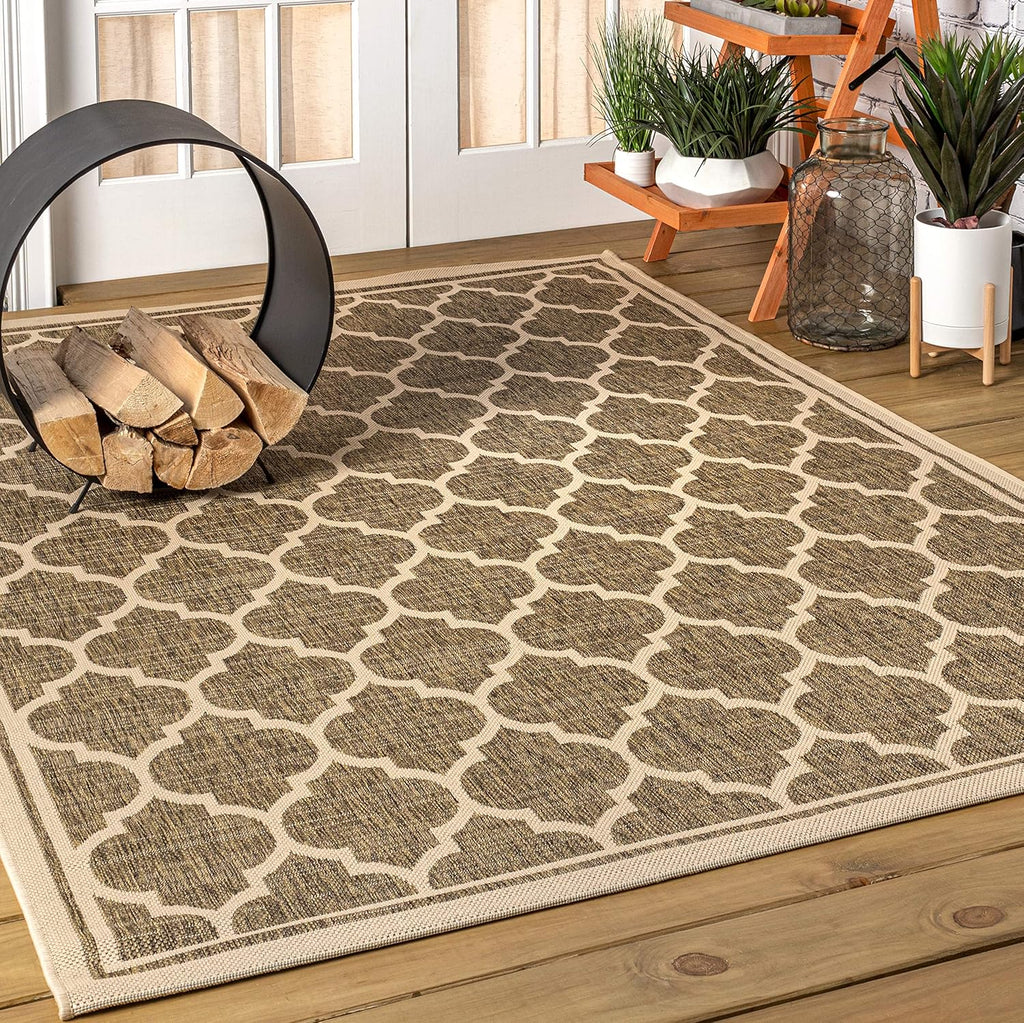 Eyely BMS109A-9 Santa Monica Trebol Moroccan Trellis Textured Weave Indoor/Outdoor Area Rug Coastal;Bohemian, Bedroom, Backyard, Patio, Easy-Cleaning, Non-Shedding, 9 X 12, Brown/Beige