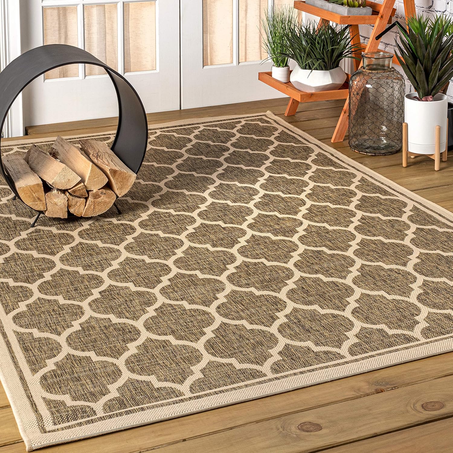 Eyely BMS109A-9 Santa Monica Trebol Moroccan Trellis Textured Weave Indoor/Outdoor Area Rug Coastal;Bohemian, Bedroom, Backyard, Patio, Easy-Cleaning, Non-Shedding, 9 X 12, Brown/Beige