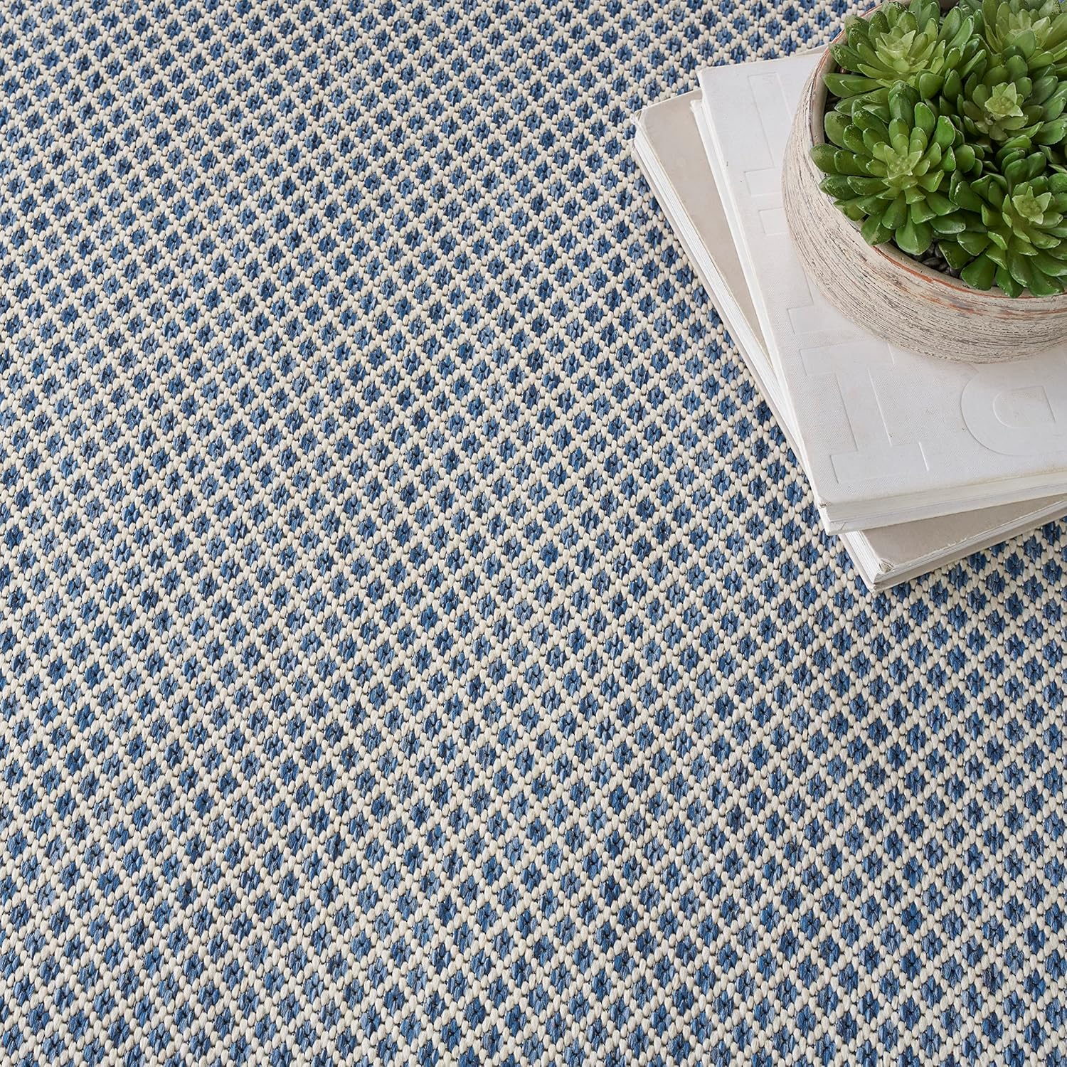 Nourison Home Courtyard Indoor/Outdoor Ivory Blue 8' x Square Area Rug, Easy Cleaning, Non Shedding, Bed Room, Living Room, Dining Room, Backyard, Deck, Patio (8 Square)