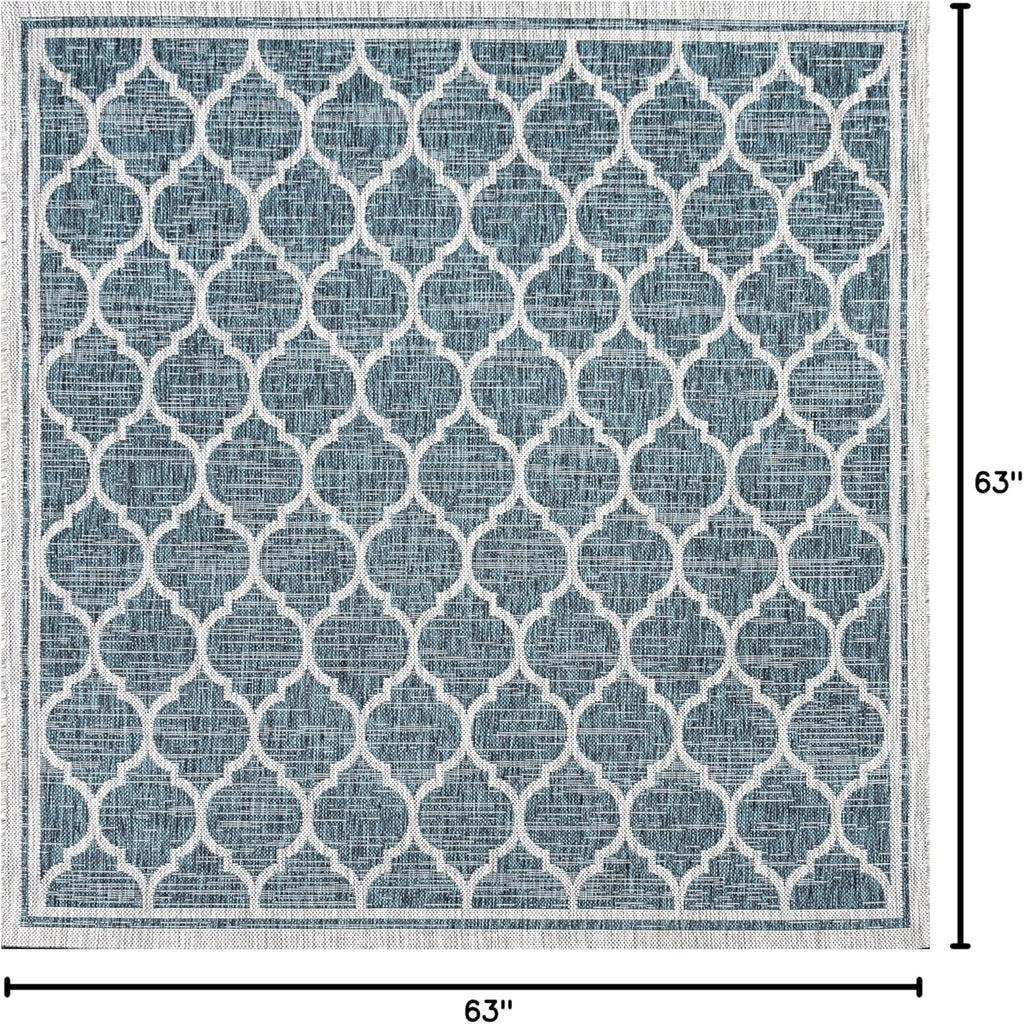 Eyely BMS109E-5SQ Santa Monica Trebol Moroccan Trellis Textured Weave Indoor/Outdoor Area Rug Coastal;Bohemian, Bedroom, Backyard, Patio, Easy-Cleaning, Non-Shedding, 5' Square, Teal/Gray