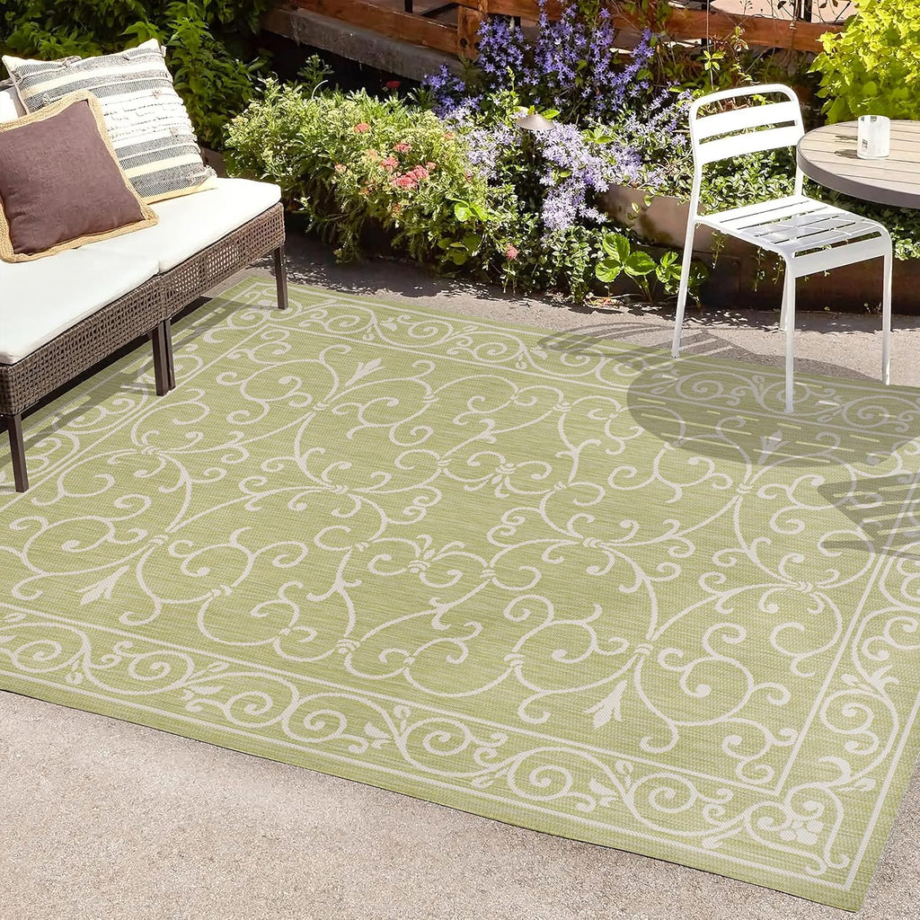 JONATHAN Y SMB106H-9 Charleston Vintage Filigree Textured Weave Indoor Outdoor Area Rug, Coastal,Traditional,Transitional Easy Clean,Bedroom,Kitchen,Backyard,Patio, Non-Shed, Green/Cream, 9 X 12