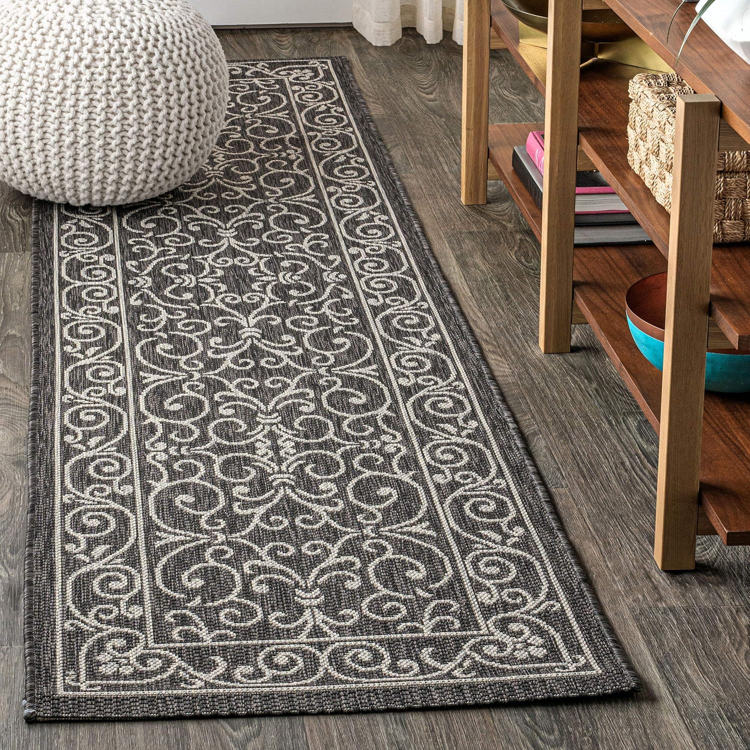 JONATHAN Y SMB106G-28 Charleston Vintage Filigree Textured Weave Indoor Outdoor Rug Living Room Backyard,2 X 8,Black/Gray