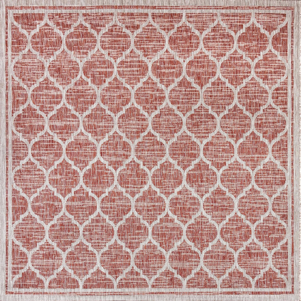 Eyely BMS109C-5SQ Santa Monica Trebol Moroccan Trellis Textured Weave Indoor/Outdoor Area Rug Coastal;Bohemian, Bedroom, Backyard, Patio, Easy-Cleaning, Non-Shedding, 5' Square, Red/Beige