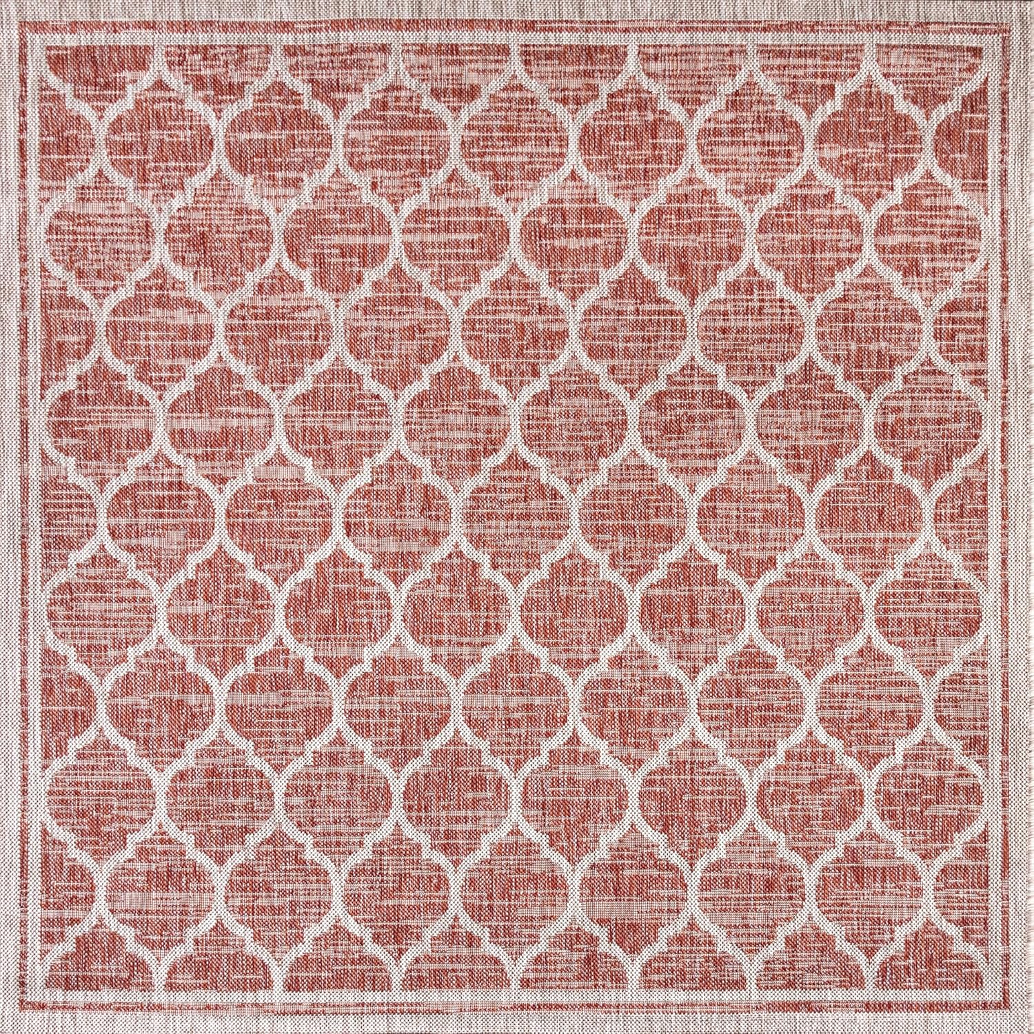 Eyely BMS109C-5SQ Santa Monica Trebol Moroccan Trellis Textured Weave Indoor/Outdoor Area Rug Coastal;Bohemian, Bedroom, Backyard, Patio, Easy-Cleaning, Non-Shedding, 5' Square, Red/Beige