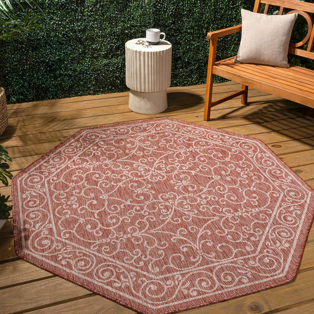 JONATHAN Y SMB106B-8TGN Charleston Vintage Filigree Textured Weave Red/Beige 8' Octagon Indoor/Outdoor Area Rug, Non-Shedding, Stain Resistant,Fade Resistant, Easy-Cleaning for Backyard Patio, Porch