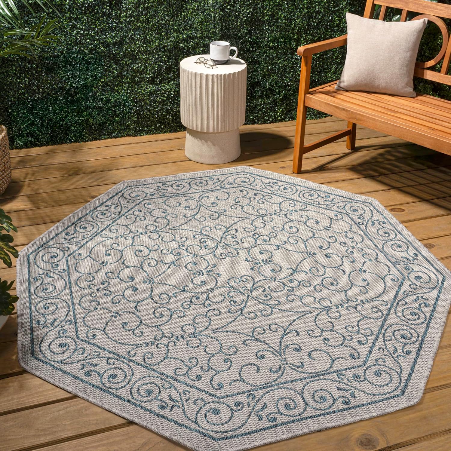 JONATHAN Y SMB106E-5TGN Charleston Vintage Filigree Textured Weave Gray/Teal 5' Octagon Indoor/Outdoor Area Rug, Non-Shedding, Stain Resistant,Fade Resistant, Easy-Cleaning for Backyard Patio, Porch