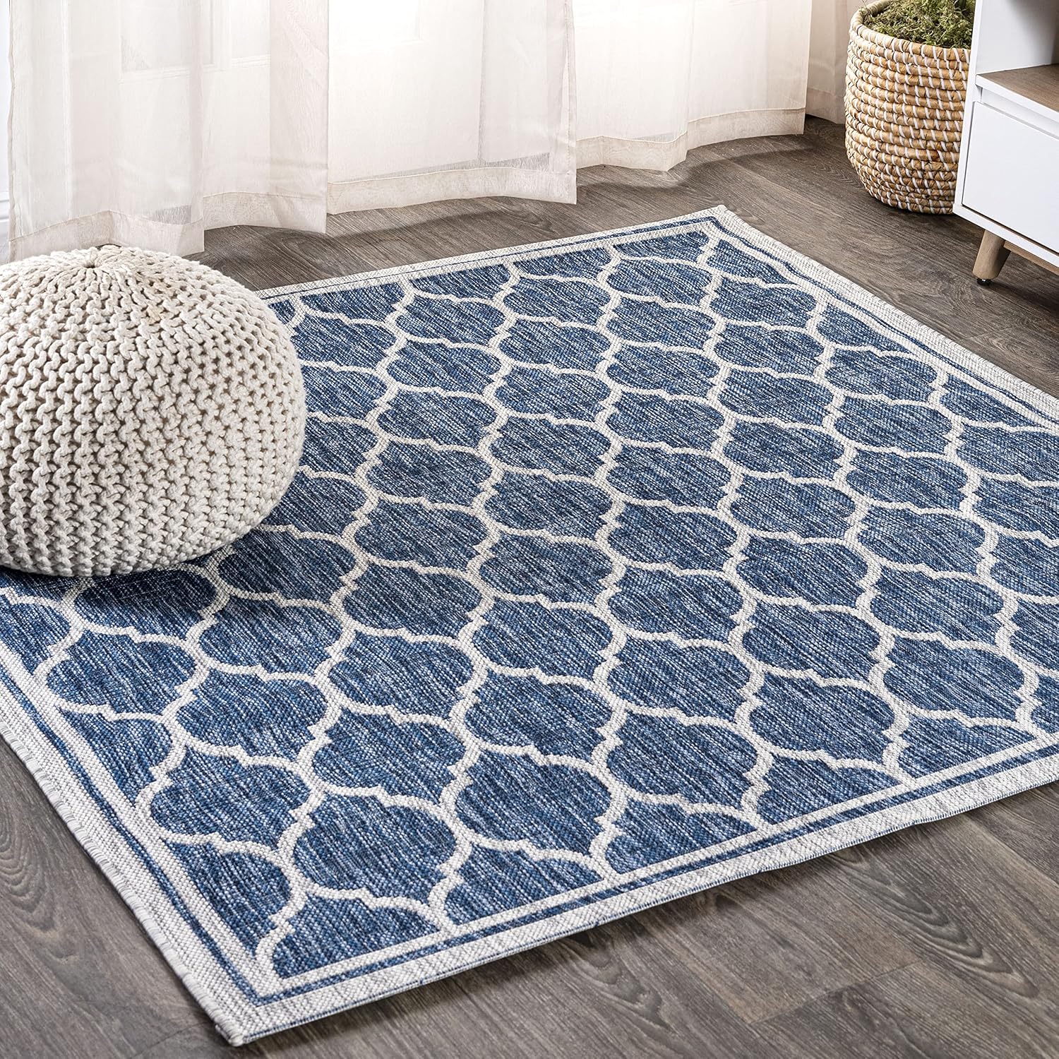 Eyely BMS109D-5SQ Santa Monica Trebol Moroccan Trellis Textured Weave Indoor/Outdoor Area Rug Coastal;Bohemian, Bedroom, Backyard, Patio, Easy-Cleaning, Non-Shedding, 5' Square, Navy/Gray