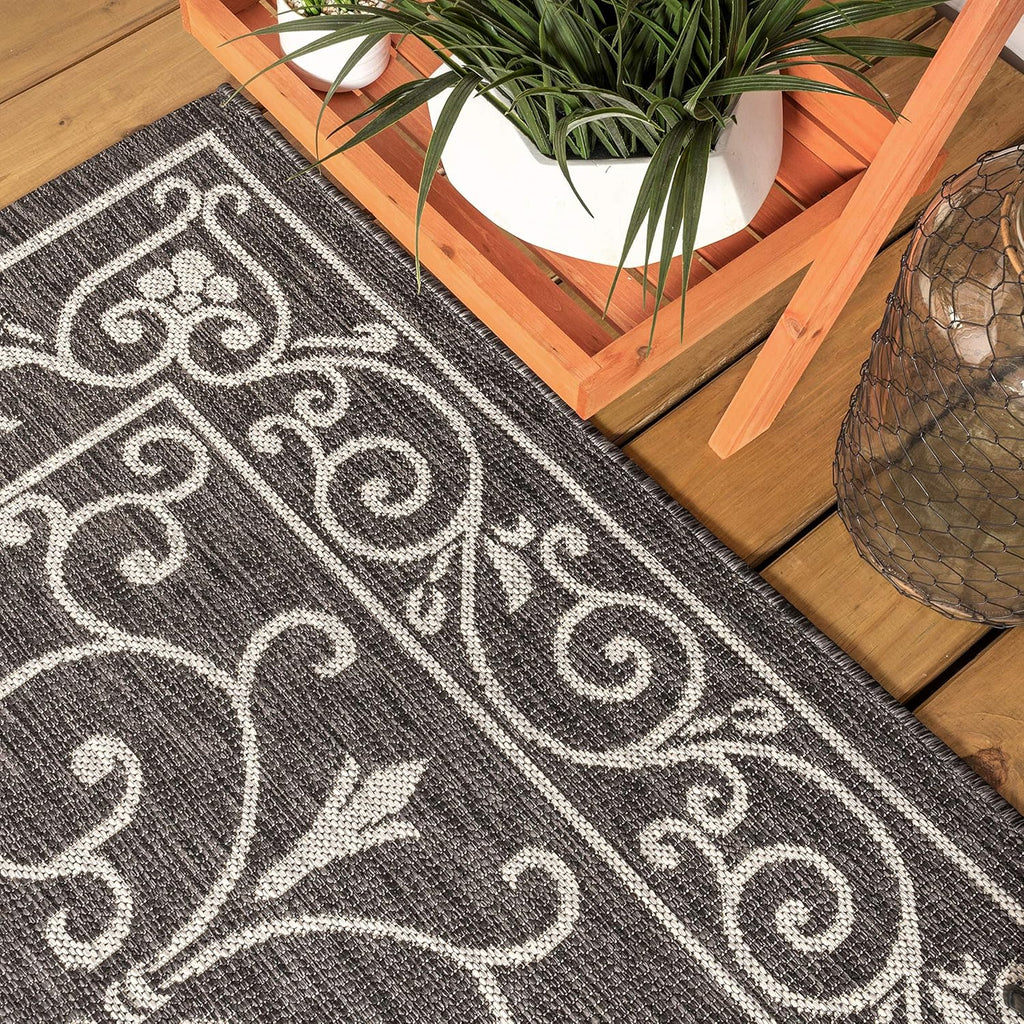 JONATHAN Y SMB106G-28 Charleston Vintage Filigree Textured Weave Indoor Outdoor Rug Living Room Backyard,2 X 8,Black/Gray