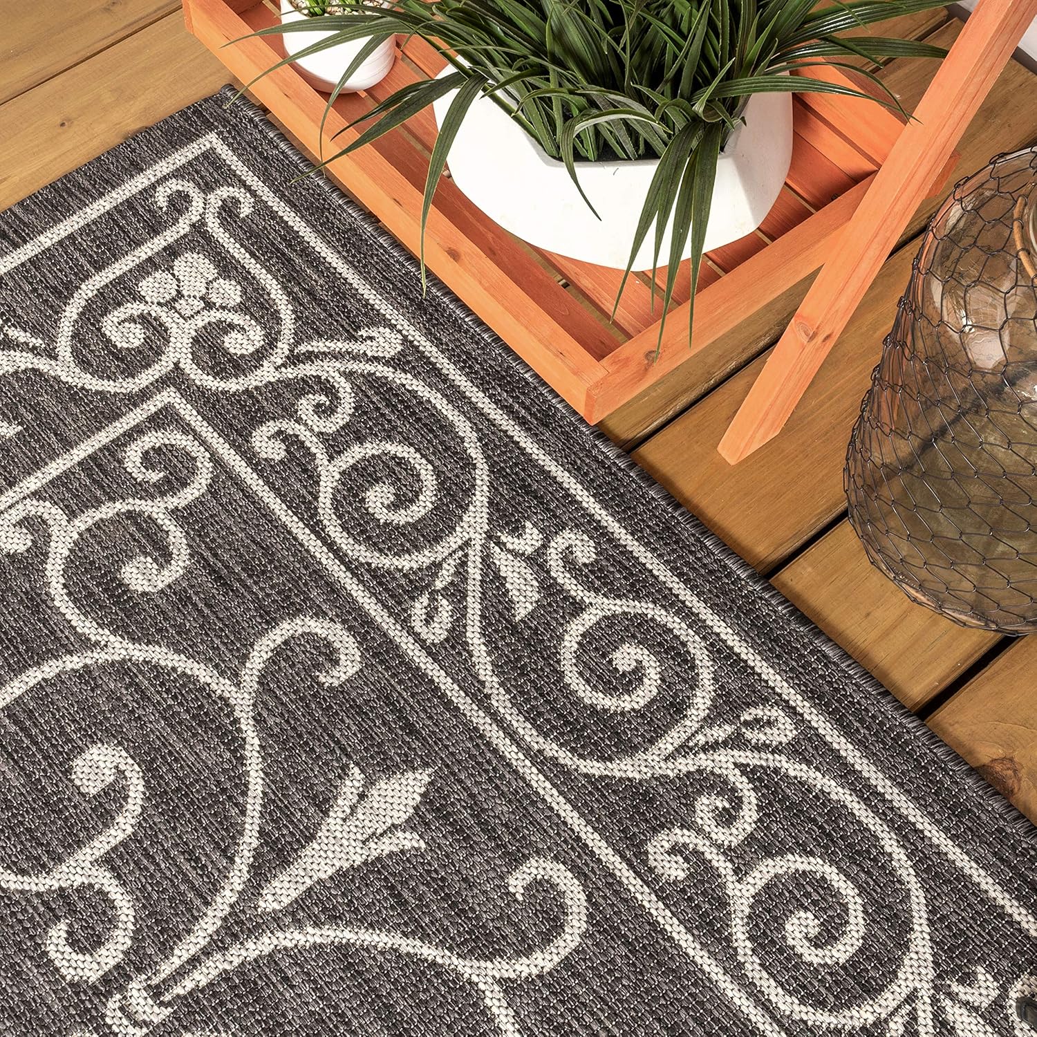 JONATHAN Y SMB106G-210 Charleston Vintage Filigree Textured Weave Indoor Outdoor Runner Rug Classic Coastal Easy Cleaning Bedroom Kitchen Backyard Patio Non Shedding, 2 X 10, Black/Gray