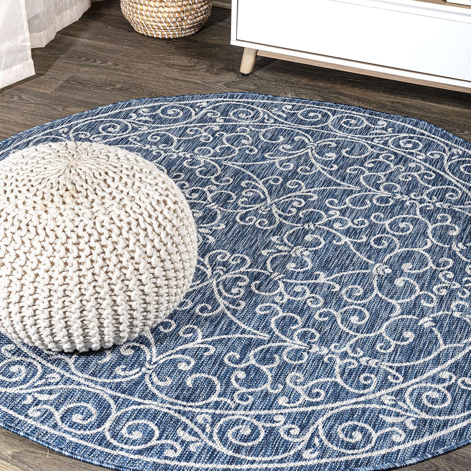 JONATHAN Y SMB106D-4R Charleston Vintage Filigree Textured Weave Navy/Gray 4' Round Indoor/Outdoor Area Rug, Pet Friendly, Non-Shedding, Stain Resistant, Easy-Cleaning for Backyard, Patio, Porch