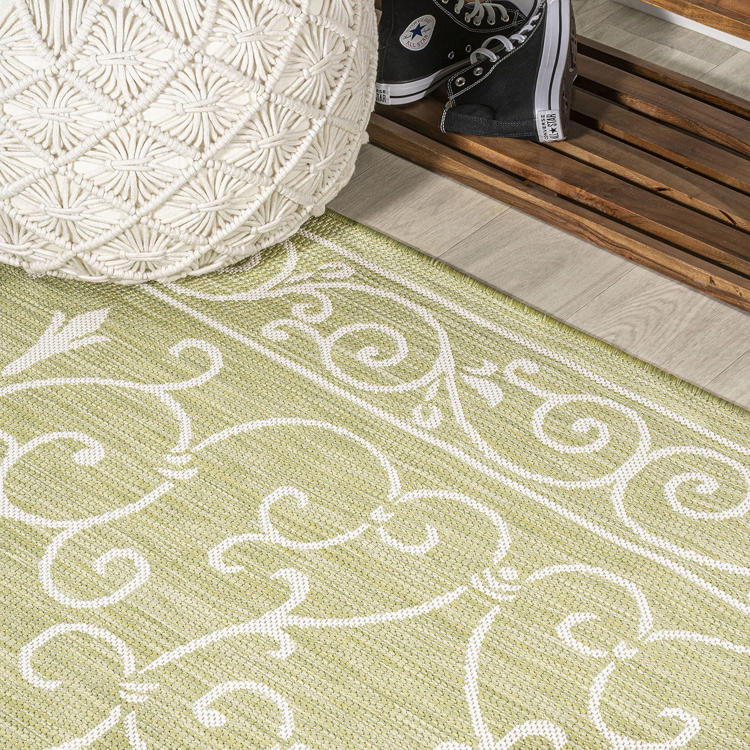 JONATHAN Y SMB106H-210 Charleston Vintage Filigree Textured Weave Indoor Outdoor Runner Rug, Coastal,Traditional,Transitional Easy Clean,Bedroom,Kitchen,Backyard,Patio, Non-Shed, Green/Cream, 2 X 10