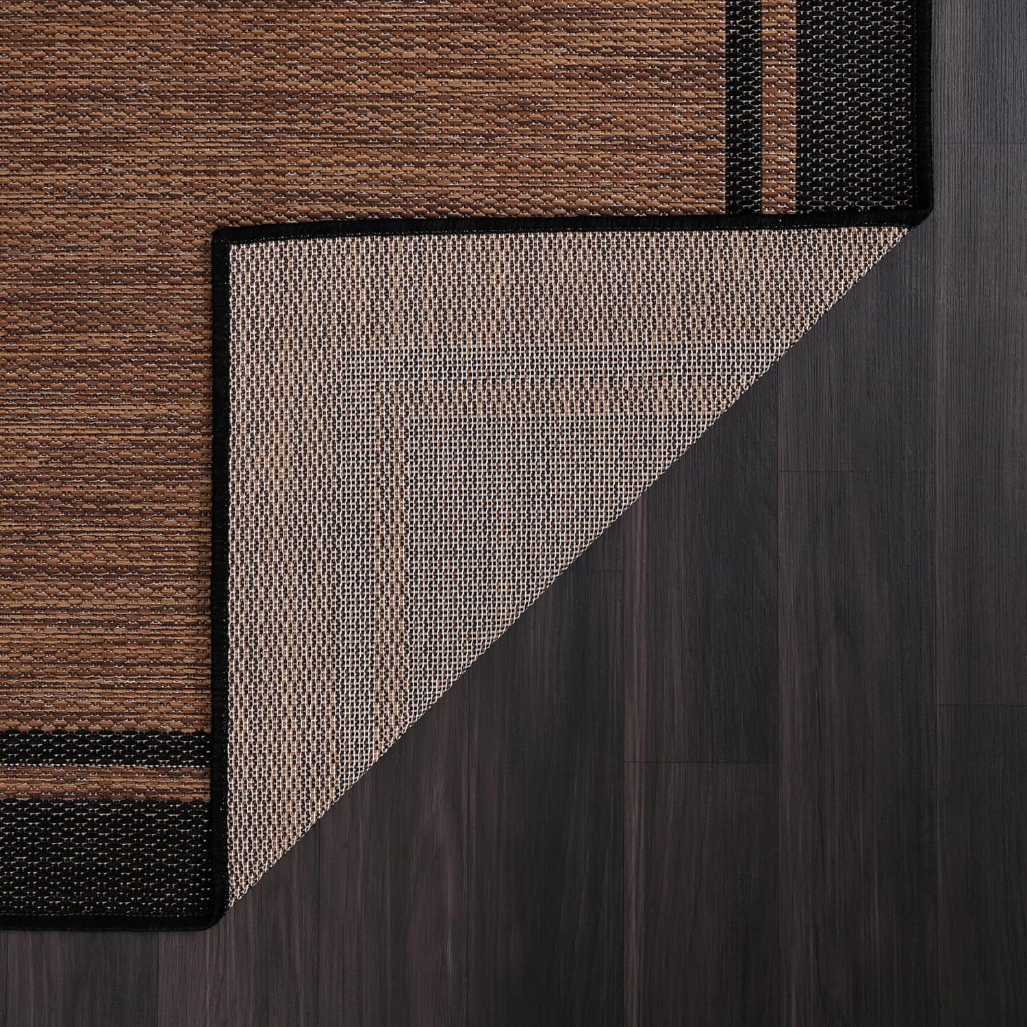 CAMILSON Indoor Outdoor Rug, 9x12 Bordered Nut Brown Black Modern Area Rugs for Indoor and Outdoor Patios, Kitchen and Hallway Mats, Washable Porch Deck Outside Carpet (Border Nut Brown Black, 9 x 12)