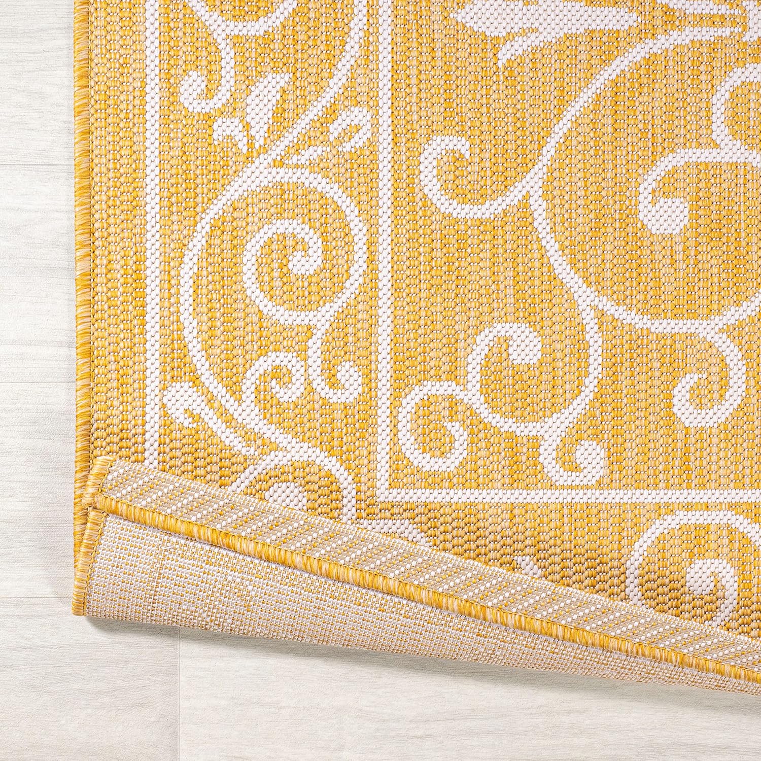 JONATHAN Y SMB106L-5SQ Charleston Vintage Filigree Textured Weave Indoor Outdoor Area Rug, Classic Traditional Transitional Easy Cleaning,Bedroom,Kitchen,Backyard,Patio, Yellow/Cream, 5' Square