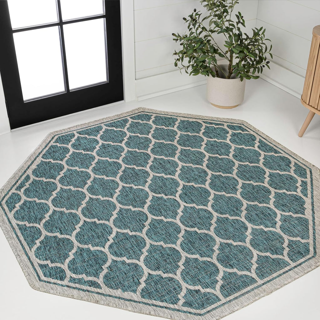 Eyely BMS109E-5TGN Trebol Moroccan Trellis Textured Weave Teal/Gray 5' Octagon Indoor/Outdoor Area Rug, Teal/Gray, 5' Octagon, Indoor/Outdoor, Area Rug