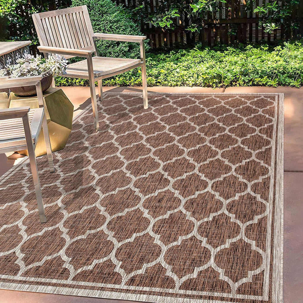 Eyely BMS109B-4 Santa Monica Trebol Moroccan Trellis Textured Weave Indoor/Outdoor Area Rug Coastal;Bohemian, Bedroom, Backyard, Patio, Easy-Cleaning, Non-Shedding, 4 X 6, Espresso/Taupe