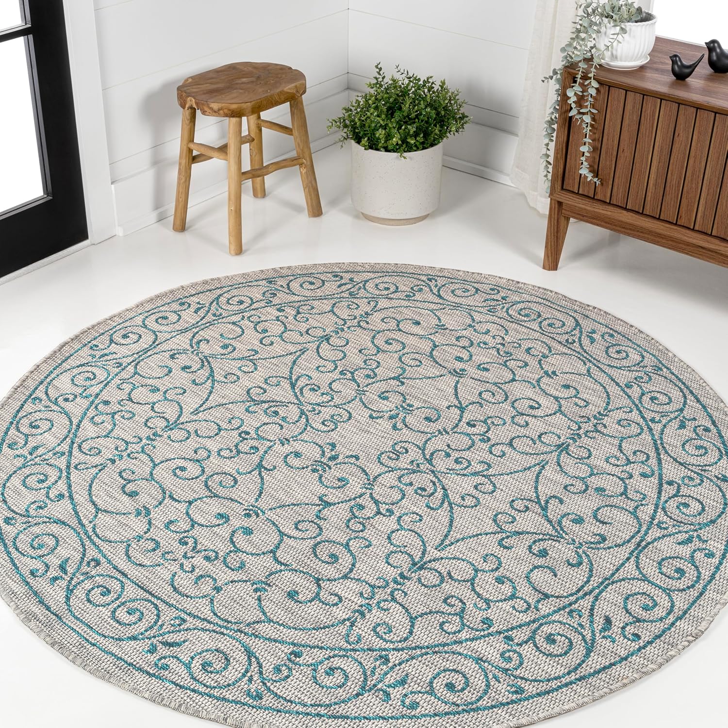 JONATHAN Y SMB106E-6R Charleston Vintage Filigree Textured Weave Gray/Teal 6' Round Indoor/Outdoor Area Rug, Pet Friendly, Non-Shedding, Stain Resistant, Easy-Cleaning for Backyard, Patio, Porch