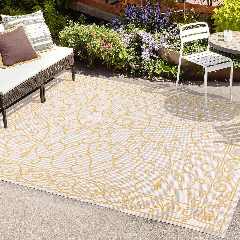 JONATHAN Y SMB106M-8 Charleston Vintage Filigree Textured Weave Indoor Outdoor Area Rug, Classic Traditional Easy-Cleaning,Bedroom,Kitchen,Backyard,Patio,Non Shedding, 8 X 10, Cream/Yellow