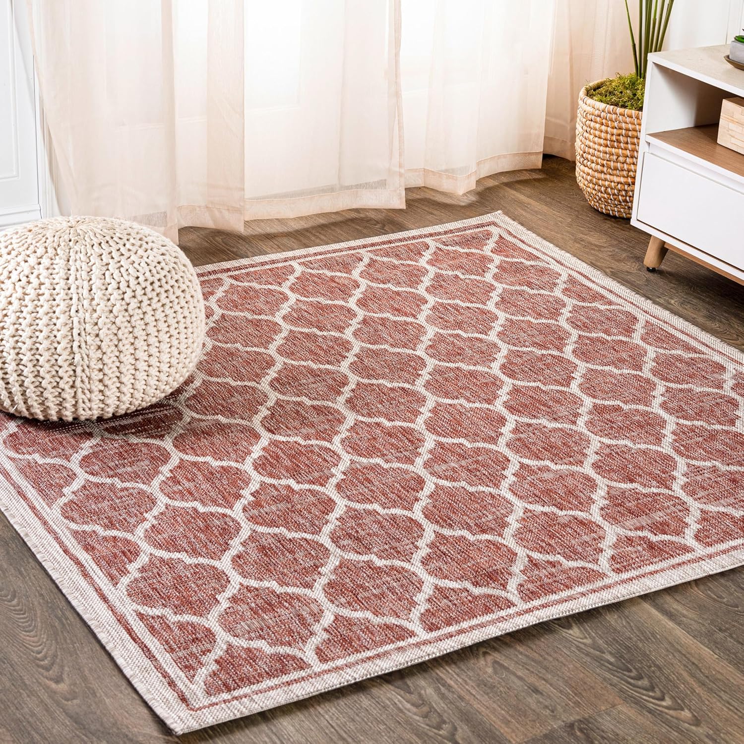 Eyely BMS109C-5SQ Santa Monica Trebol Moroccan Trellis Textured Weave Indoor/Outdoor Area Rug Coastal;Bohemian, Bedroom, Backyard, Patio, Easy-Cleaning, Non-Shedding, 5' Square, Red/Beige