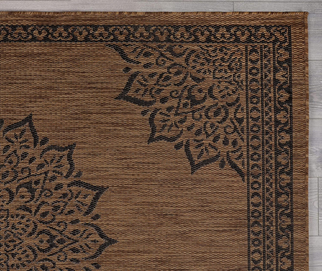 CAMILSON Outdoor Rug, 10x14 Medallion Nut Brown Black Modern Area Rugs for Large Indoor and Outdoor Patios, Kitchen and Hallway Mats, Washable Porch Deck Outside Carpet (Nut Brown Black, 10 x 14)