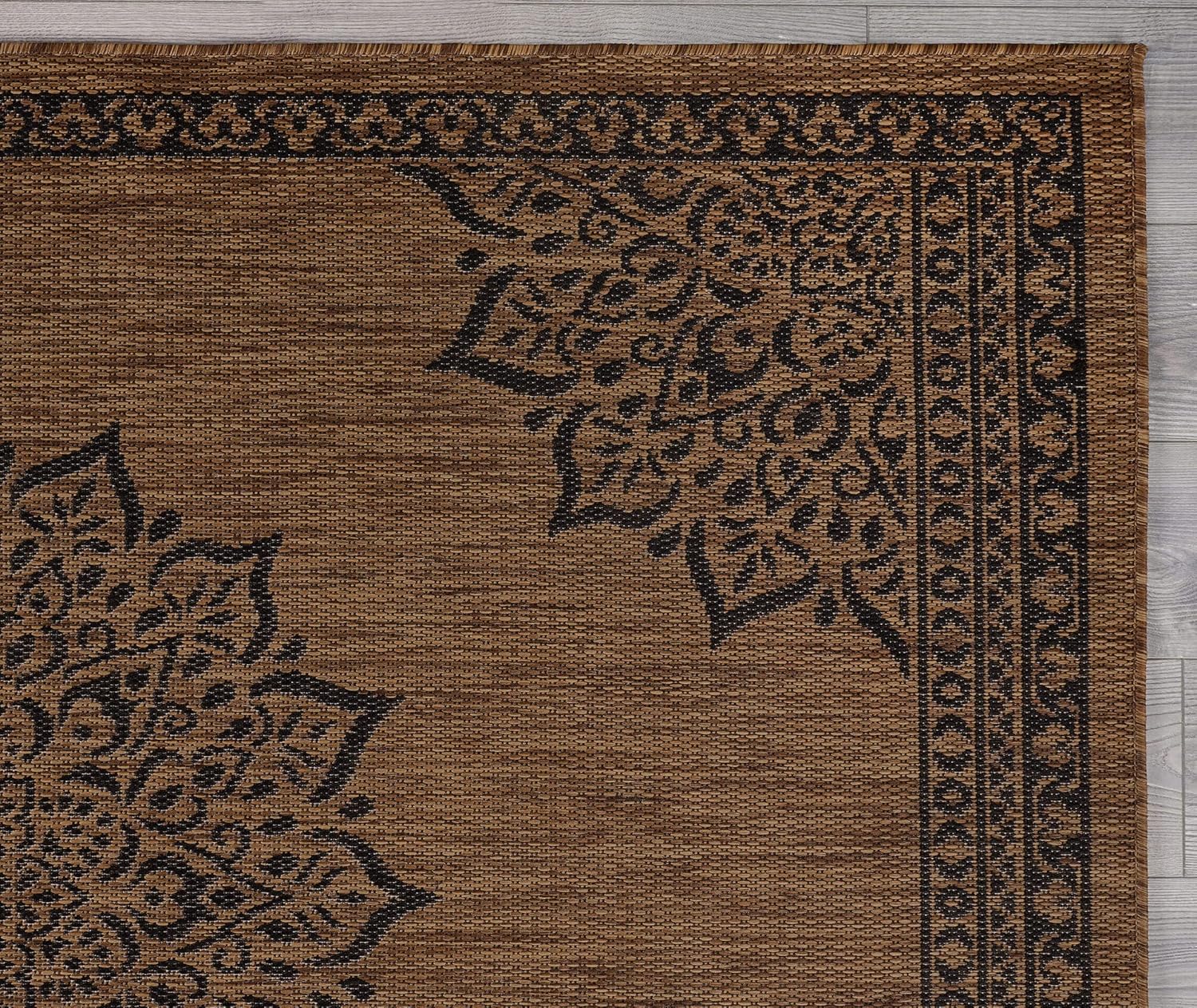 CAMILSON Outdoor Rug, 10x14 Medallion Nut Brown Black Modern Area Rugs for Large Indoor and Outdoor Patios, Kitchen and Hallway Mats, Washable Porch Deck Outside Carpet (Nut Brown Black, 10 x 14)