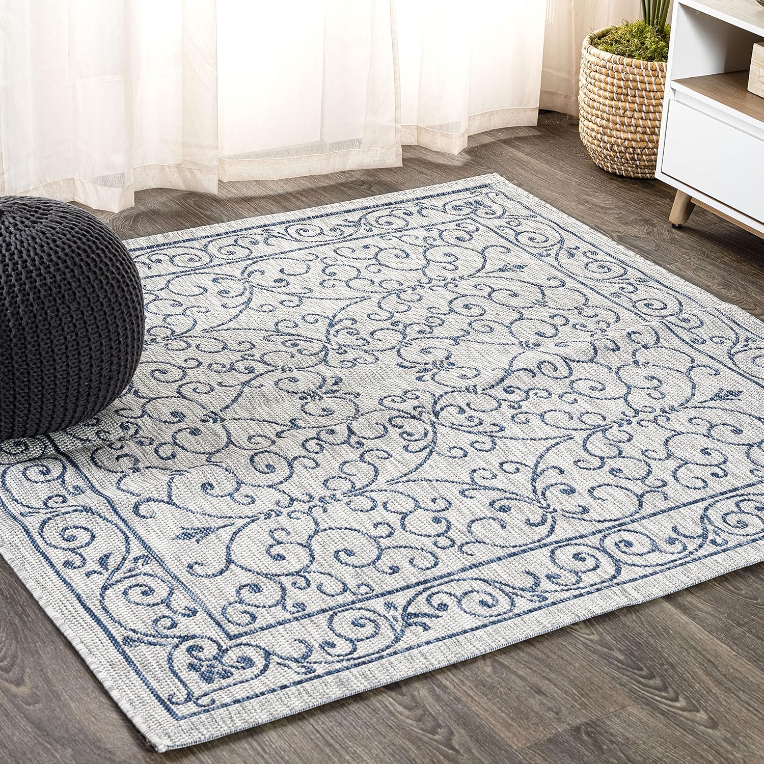 JONATHAN Y SMB106C-6SQ Charleston Vintage Filigree Textured Weave Gray/Navy 6' Square Indoor/Outdoor Area Rug, Pet Friendly, Non-Shedding, Stain Resistant, Easy-Cleaning for Backyard, Patio, Porch
