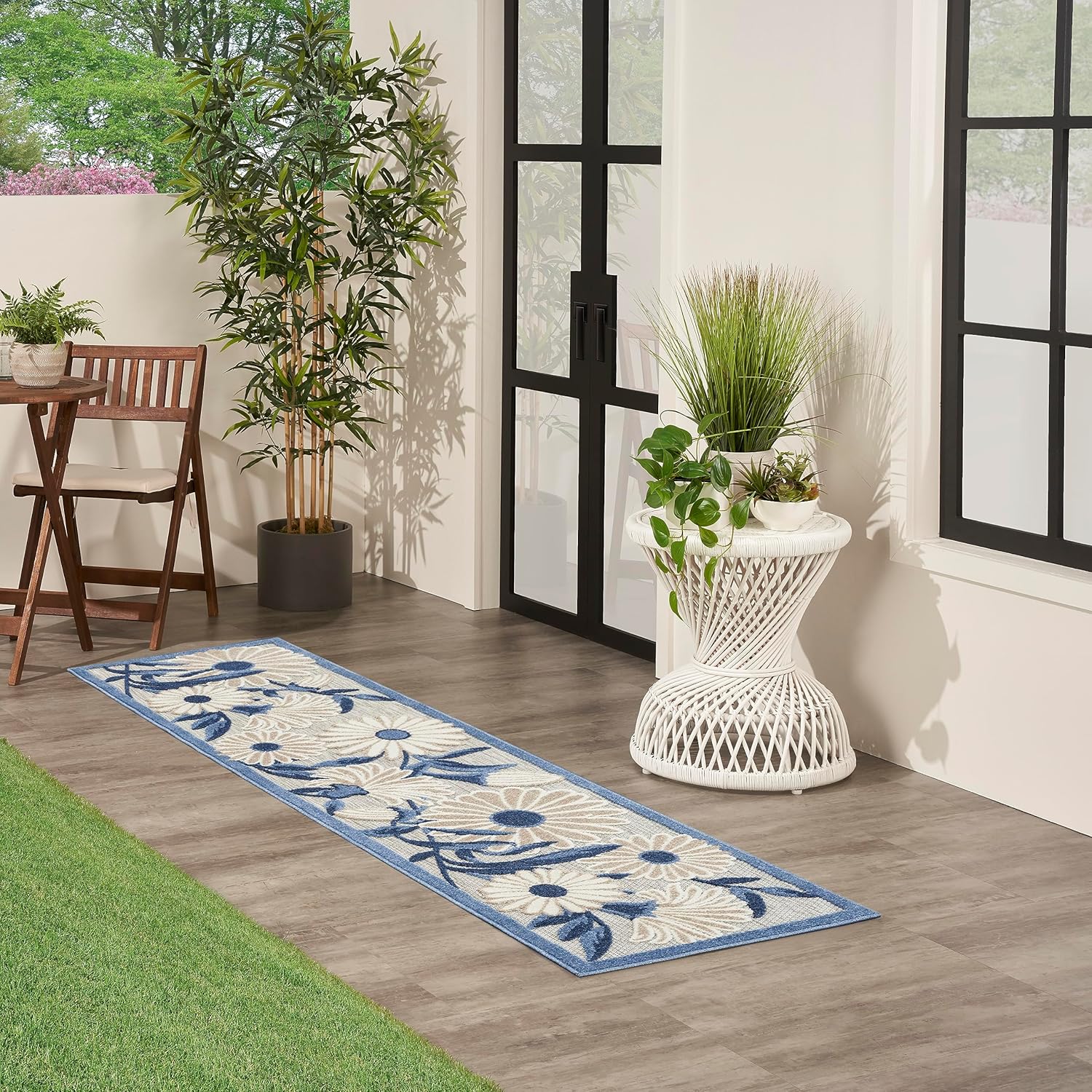 Nourison Home Aloha Outdoor Blue Grey 2'3" x 8' Area Rug, Easy Cleaning, Non Shedding, Bed Room, Living Room, Dining Room, Deck, Backyard, Patio (2x8)